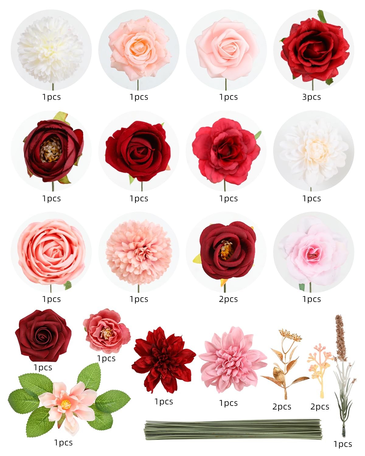 Artificial Flowers Combo, Mix Silk Flowers Roses, Peonies, Dahlias with Stems…