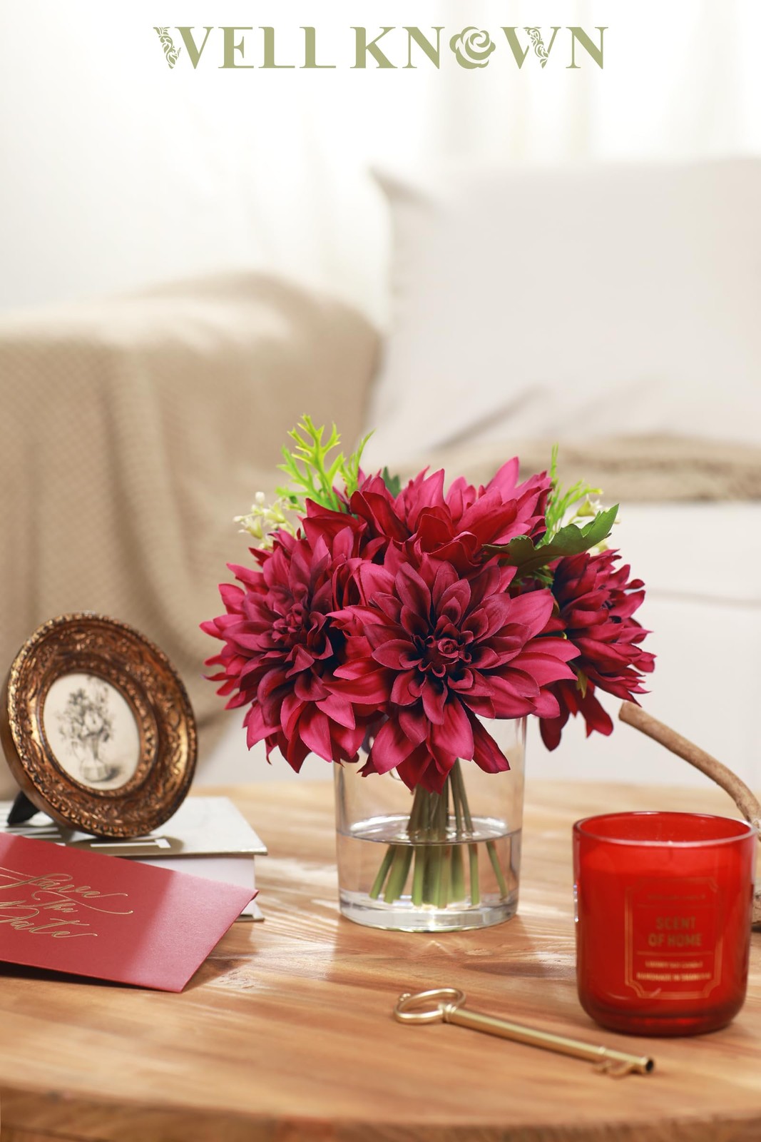 Artificial Flowers Vase Silk Faux Arrangement Fuchsia Red Table Centerpiece