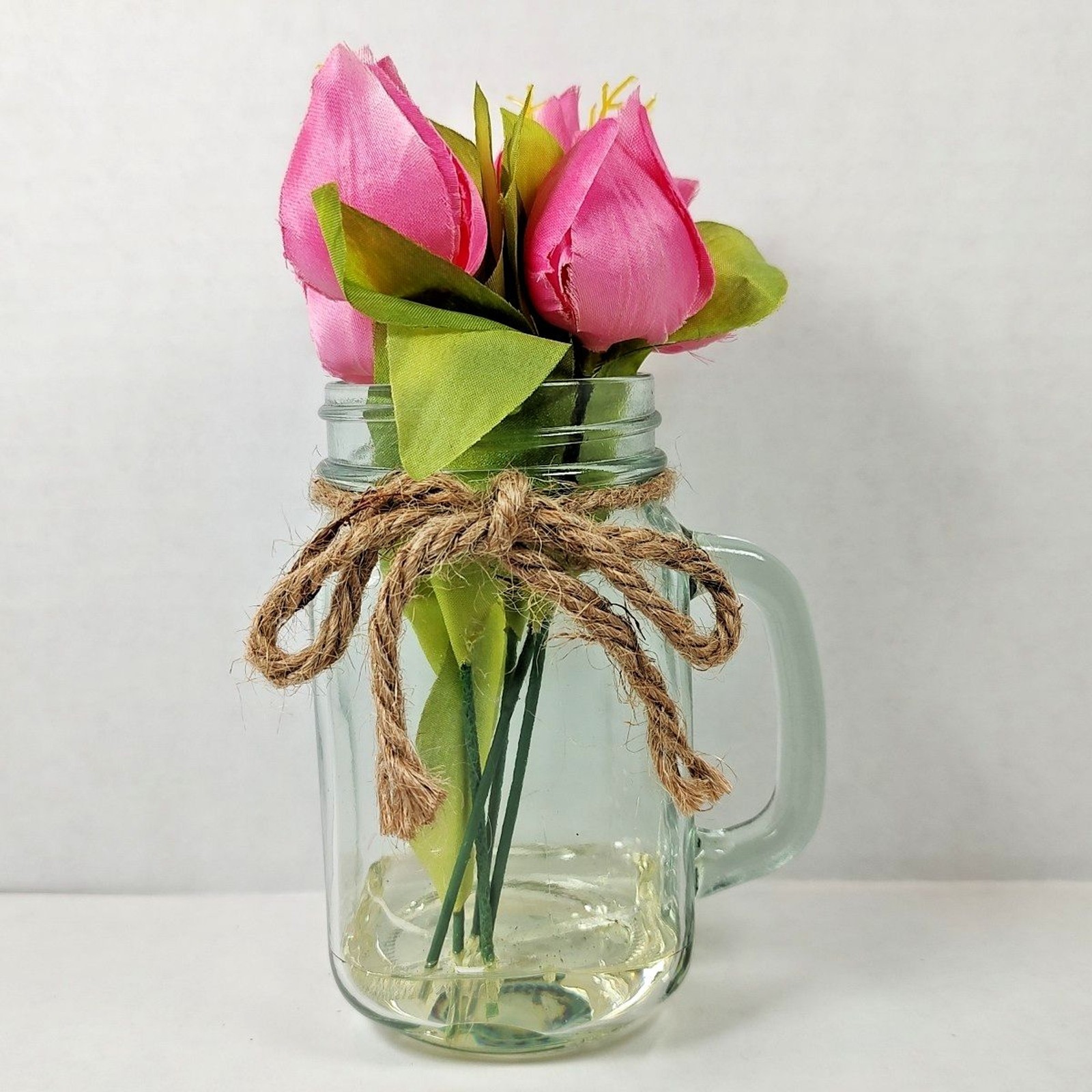 Artificial Flower Market Bouquet Arrangement Mason Jar Vase Glass w/ Handle New