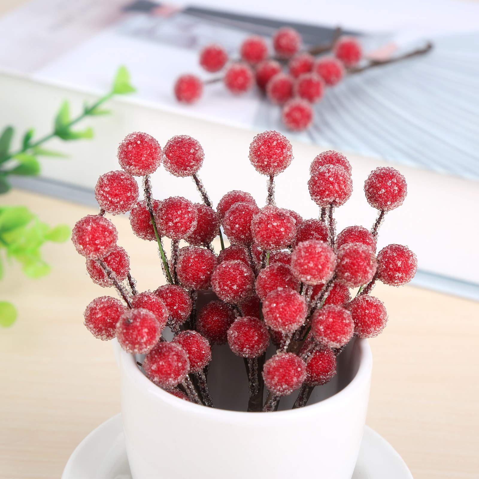 10 PCS Red Christmas Artificial Frosted Holly Berries Branch Floral Decor