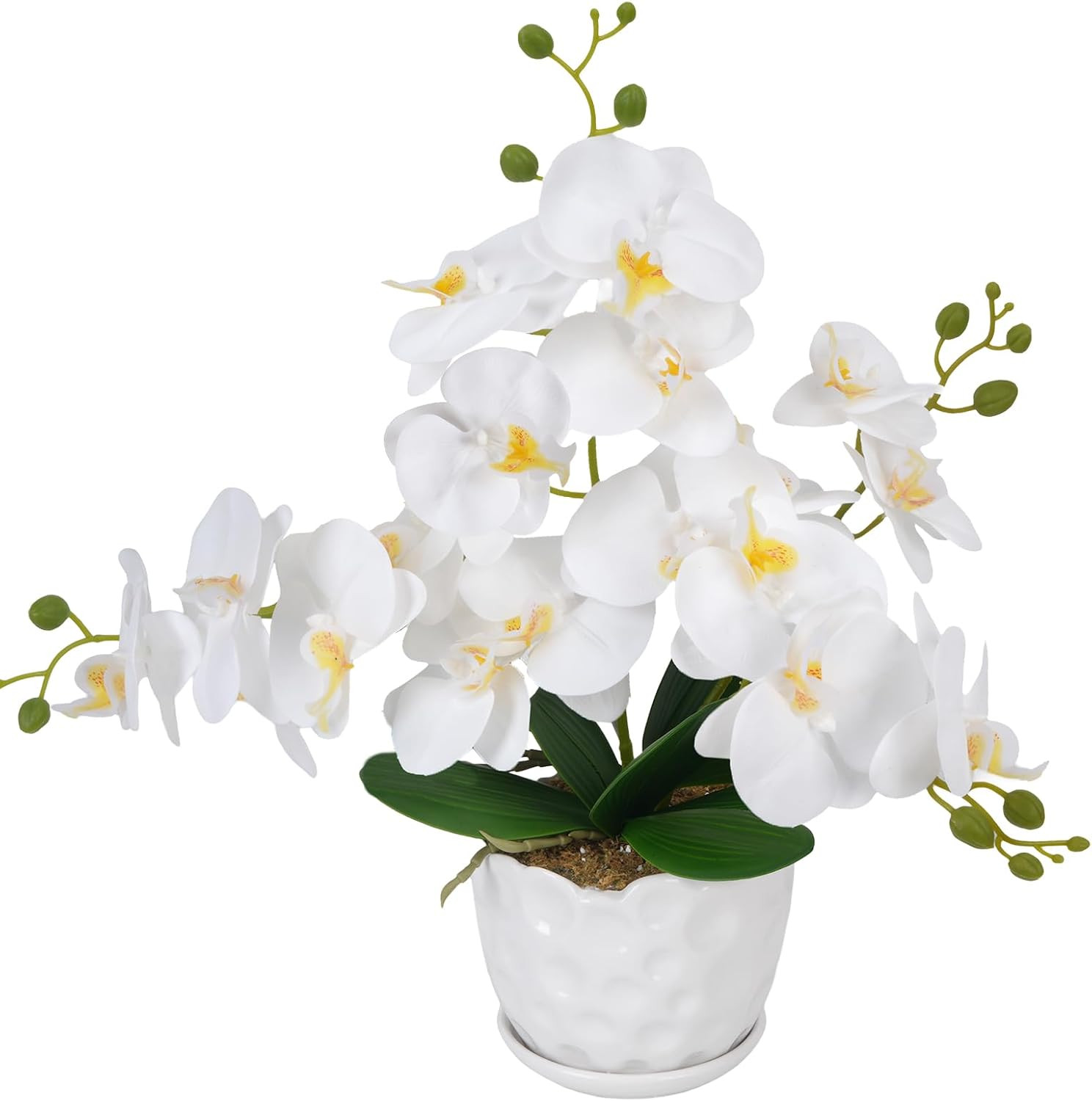 17″ Orchids Artificial Flowers White Fake Orchid Plant with Ceramic Pot Real Tou