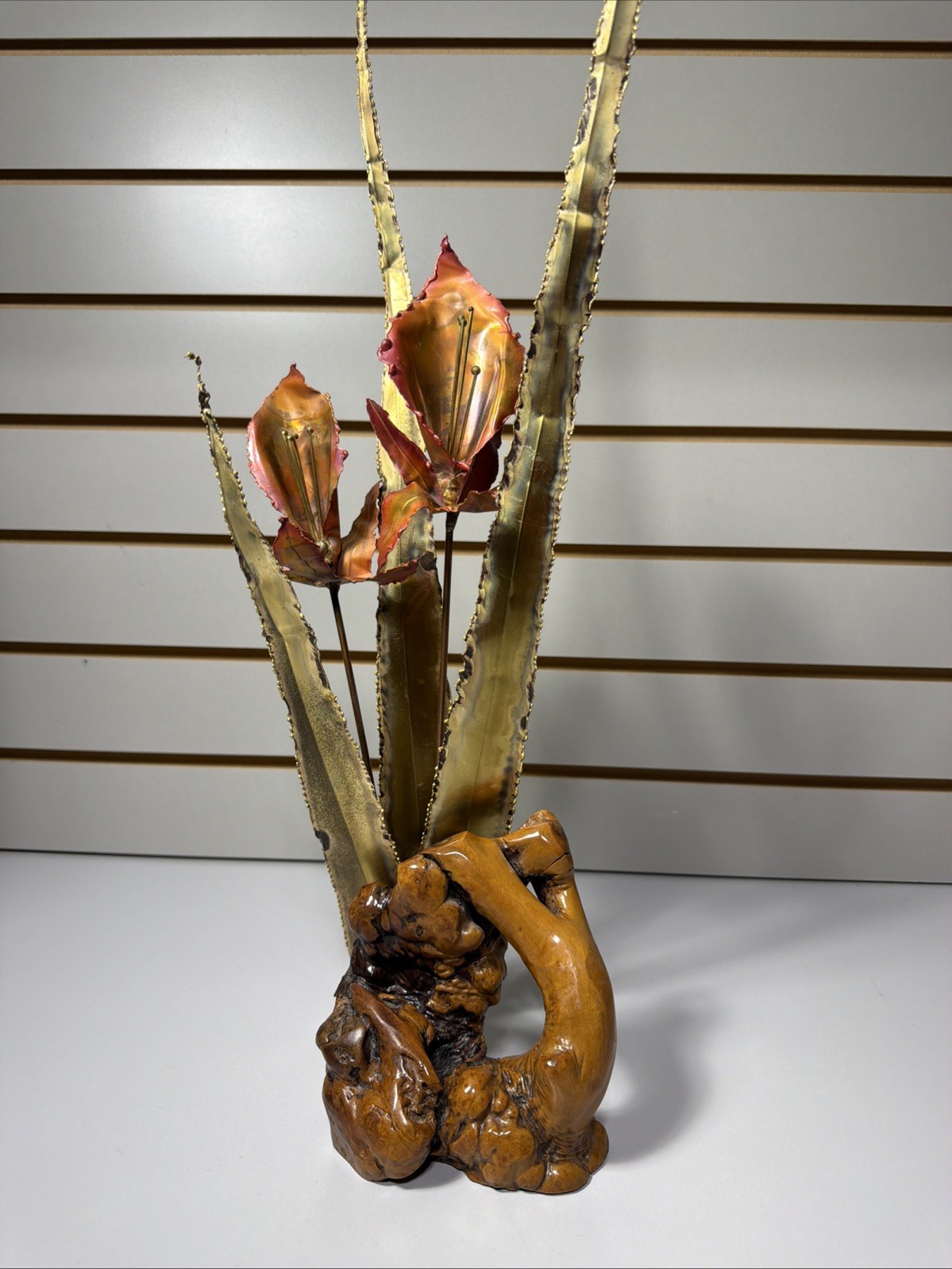 Brutalist Brass Copper Lilies On Burl Wood Stand Mid Century Vintage MCM Floral