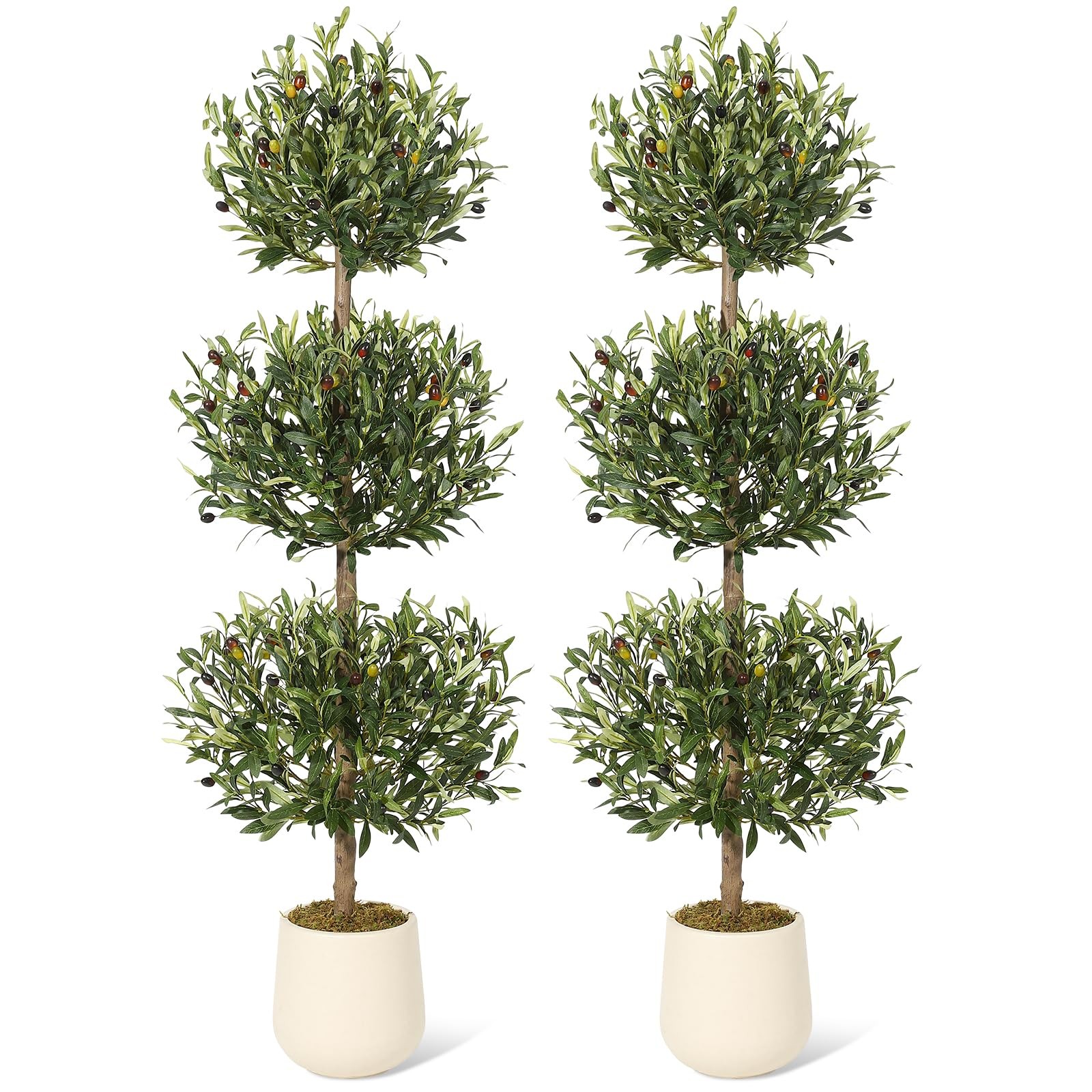 5 ft Artificial Olive Tree Set of 2 – Triple Ball Topiary Faux Plant w/ Pot & Mo