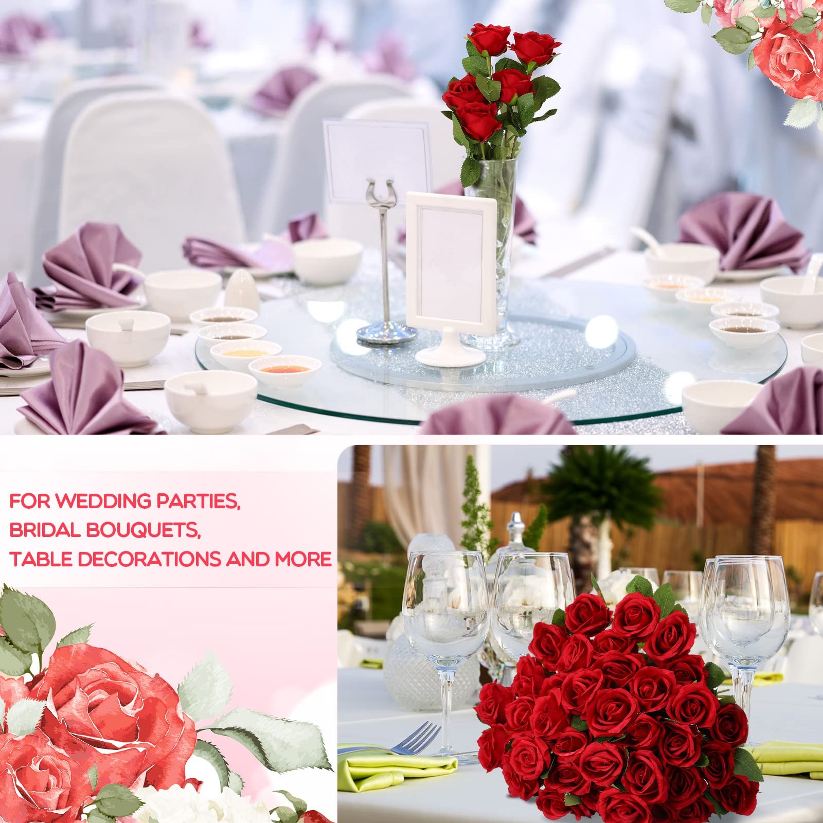 50 Pcs Artificial Rose Flower Bulk Realistic Silk Fake Roses with Long Stem P…