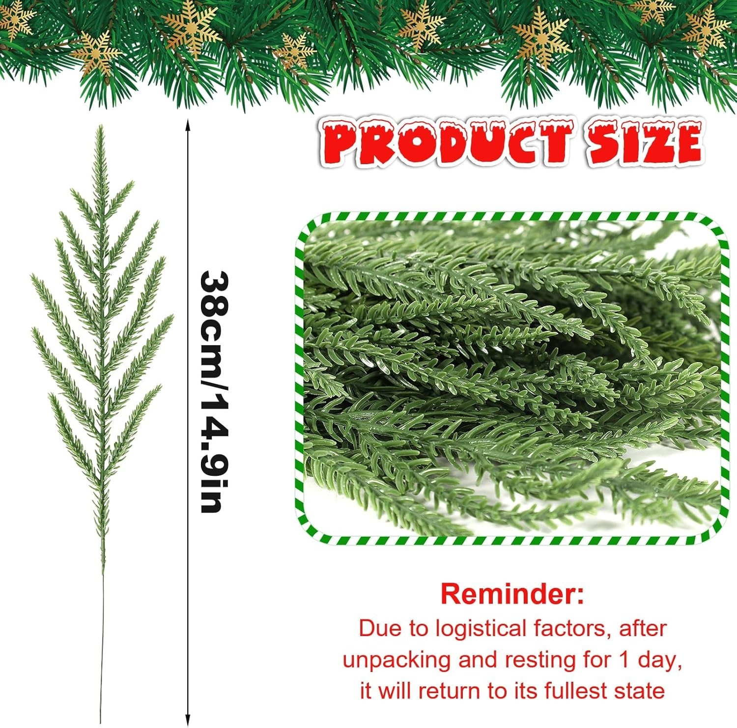100PCS Christmas Norfolk Pine Branches 14.9 inch Artificial Stems Faux Greenery
