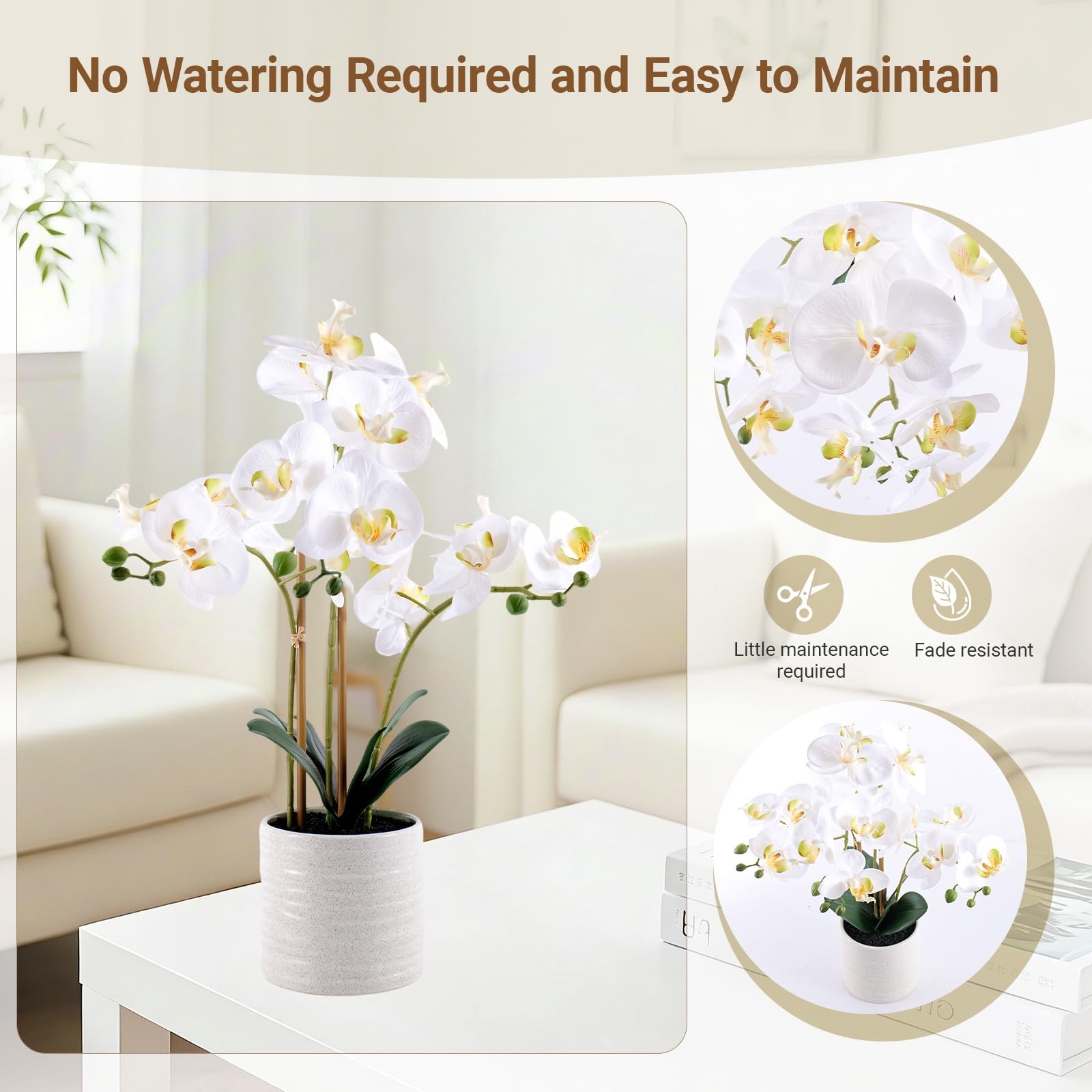 Fake Orchid Plant 23 Inch Tall Realistic Touch Leaves Potted Phalaenopsis White