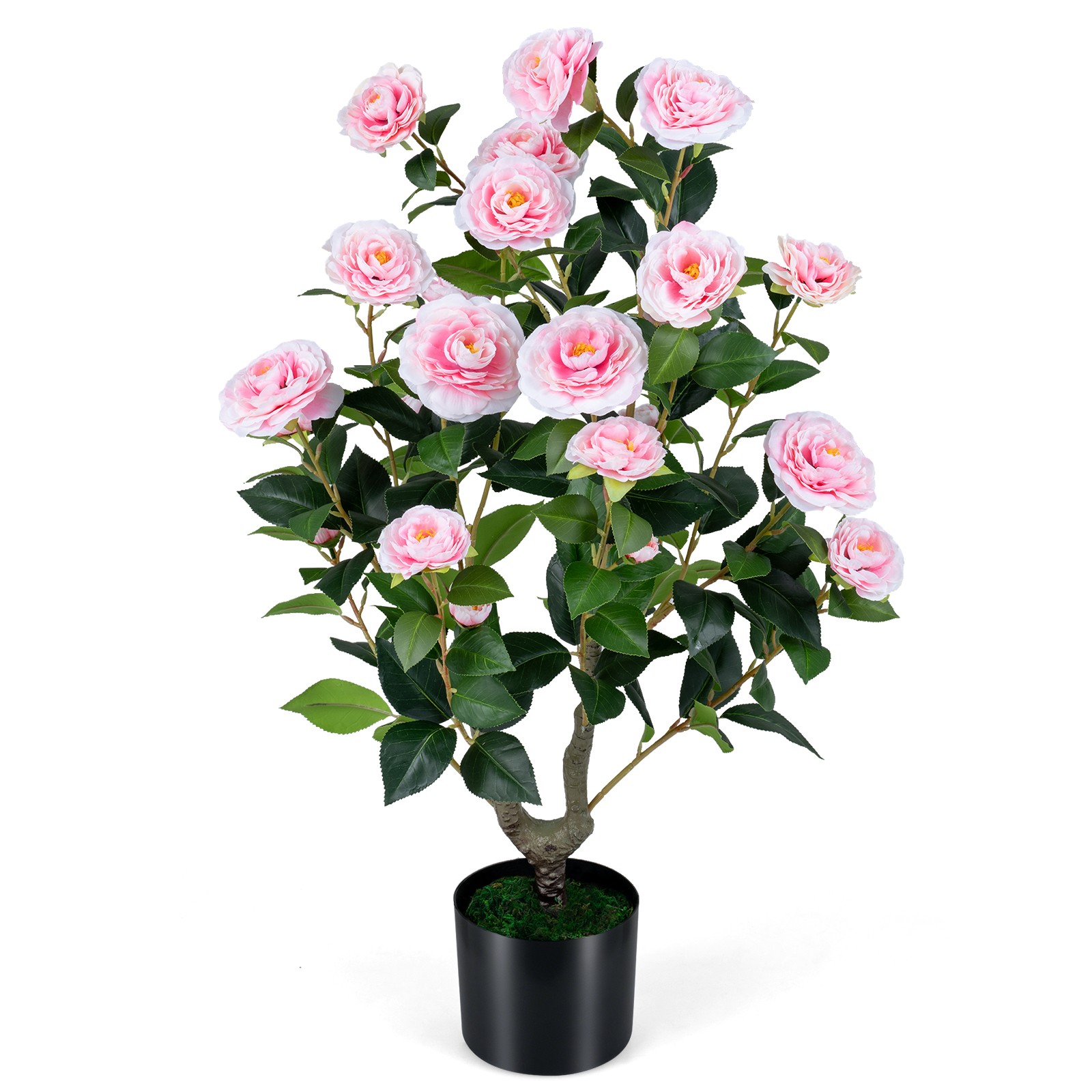 Artificial Camellia Tree, Faux Flower Plant in Cement-Filled Pot, Indoor Outdoor