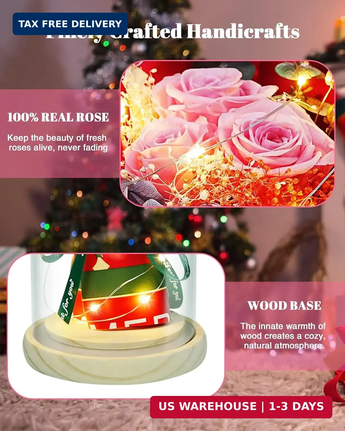 HVY Preserved Flowers in Glass for Her,Pink Real Rose Bouquet with LED Light,Ete
