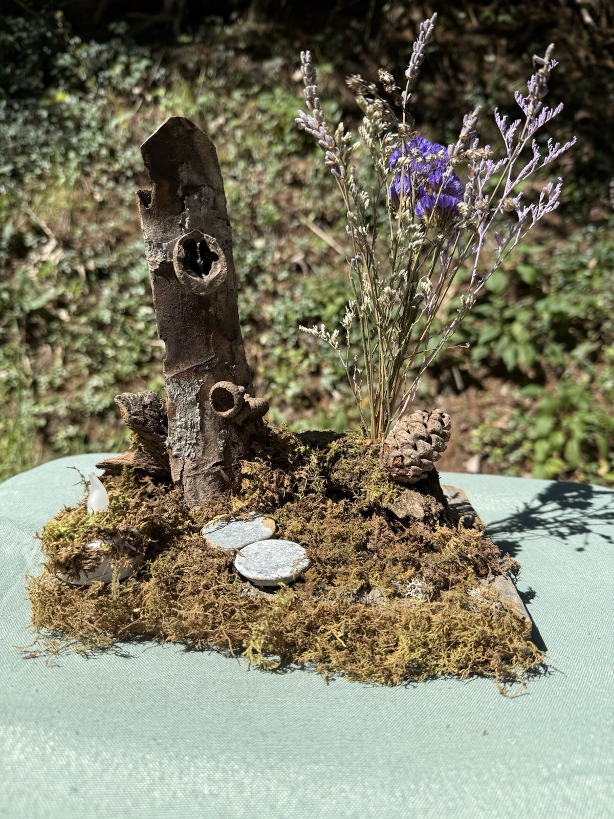 Fairy Door Forest Arrangement With Dried Flowers, Stepping Stones And Candle