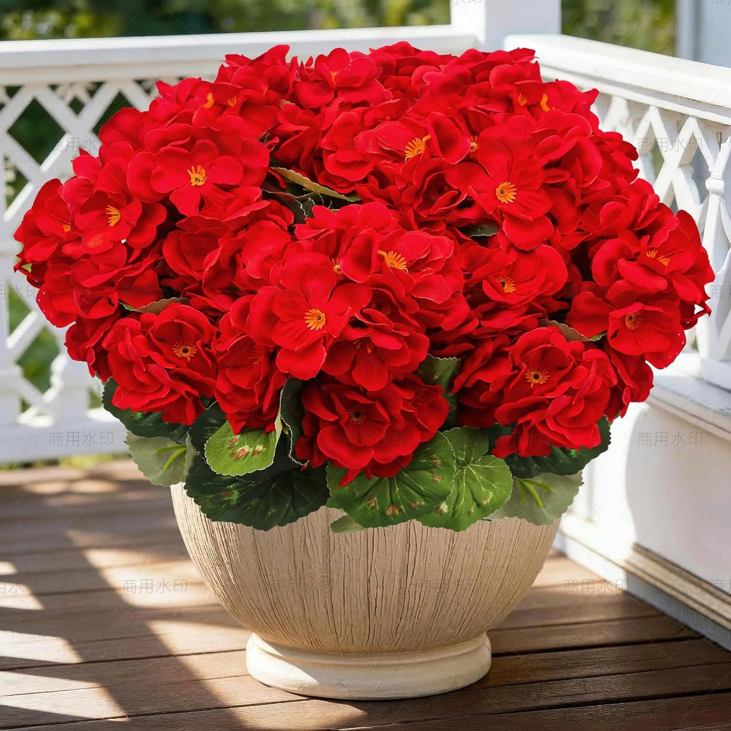 FULLMUSIC Artificial Flowers for Outdoor, UV Resistant Realistic Geranium Fake F