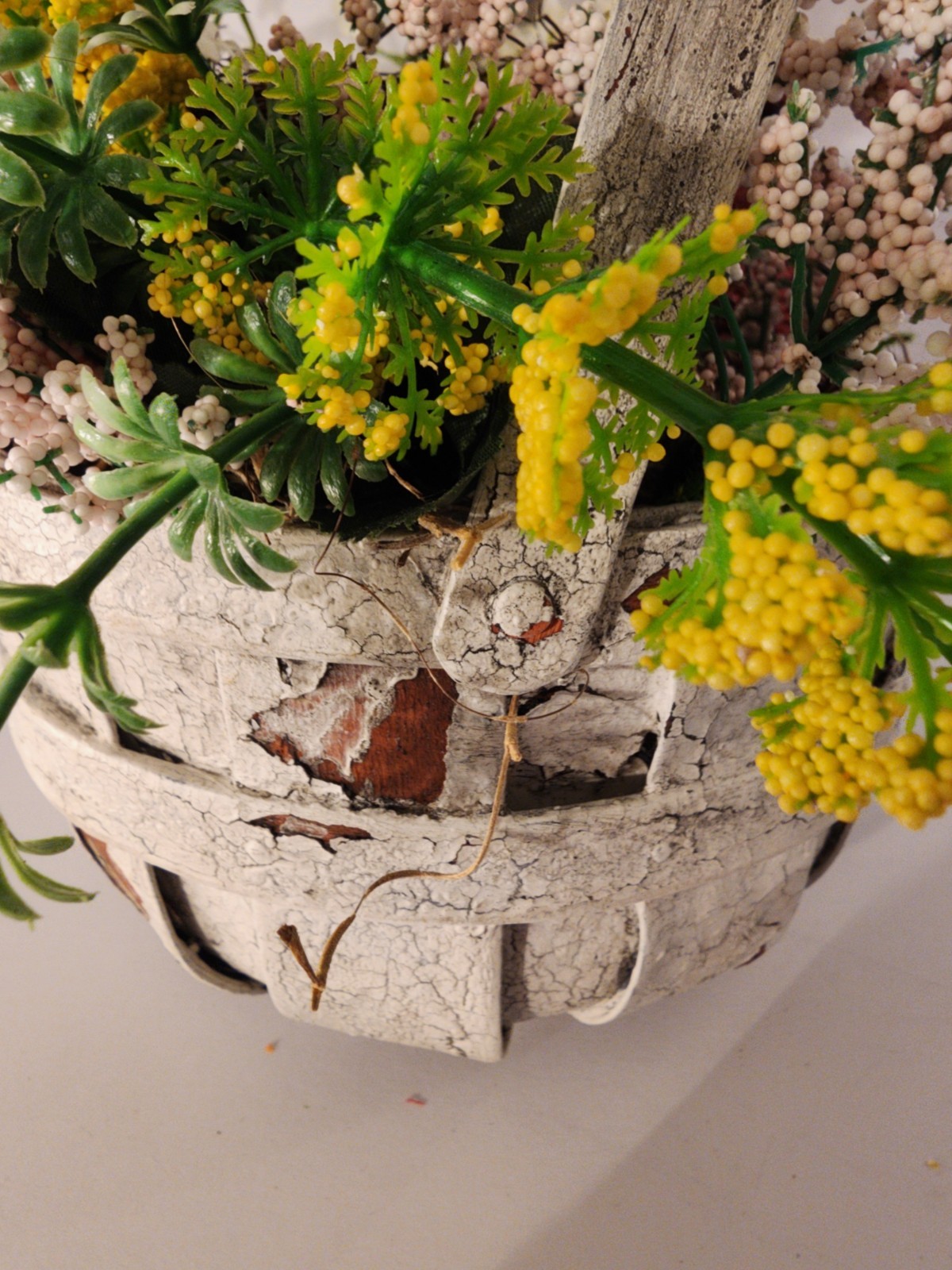 Artificial Bird Floral Arrangement In Crackled Apple Basket Summer Accent Piece