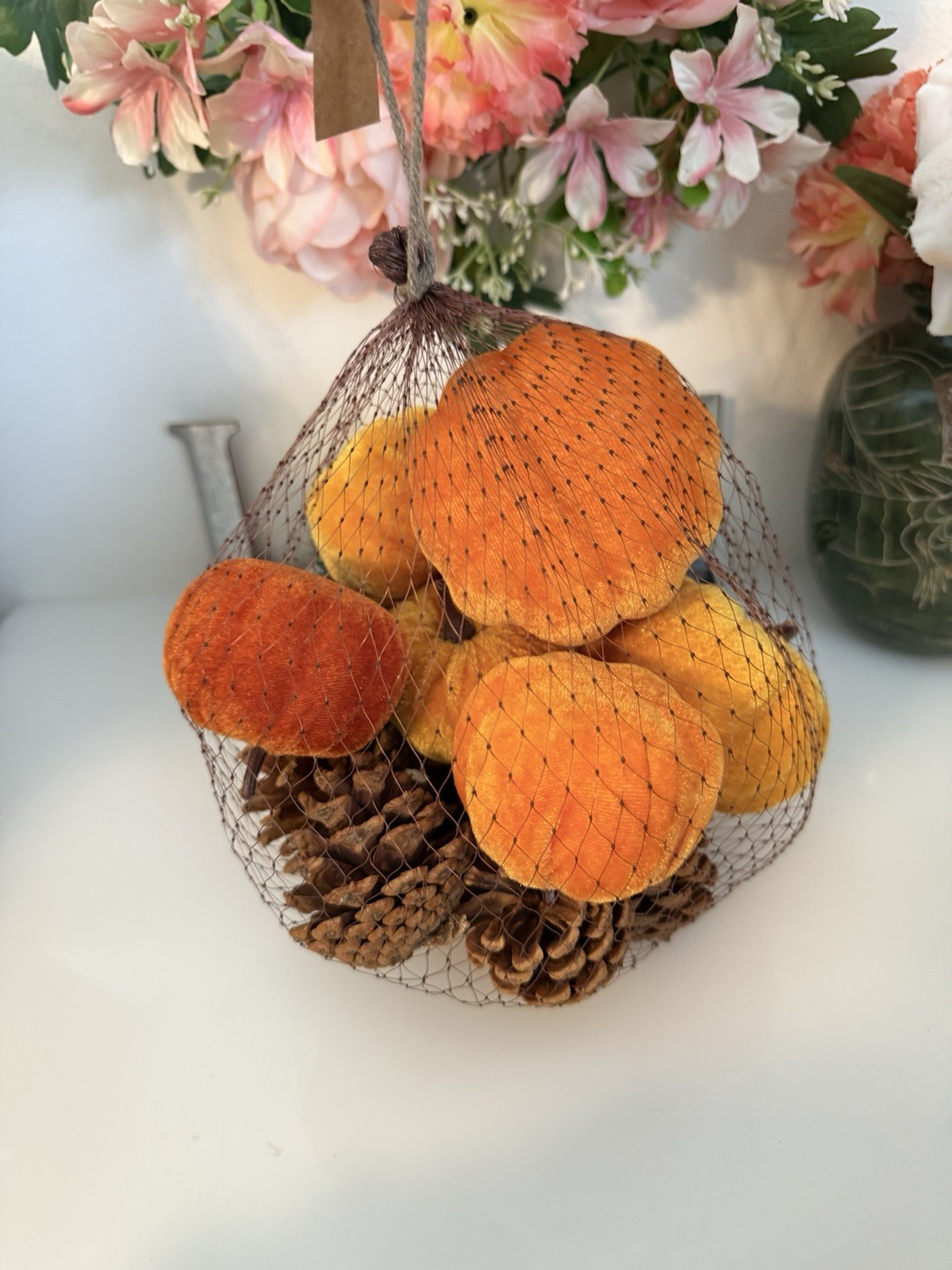 Fall 16 Pcs Velvet Pumpkin and Pinecones Net Bag Decoration Set Assort Sizes New