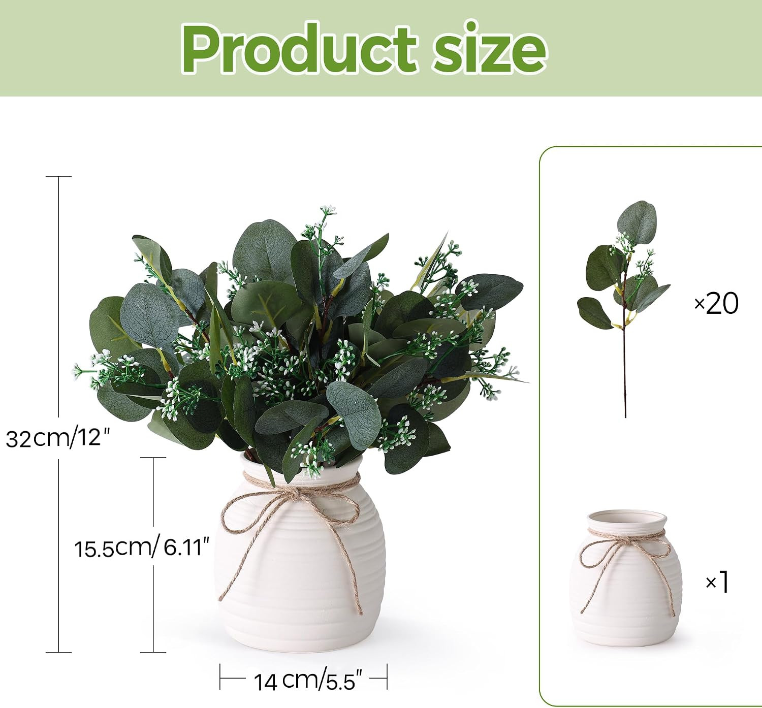 20Pcs Artificial Eucalyptus Plants in Vase for Modern Farmhouse Home Decor | Fak