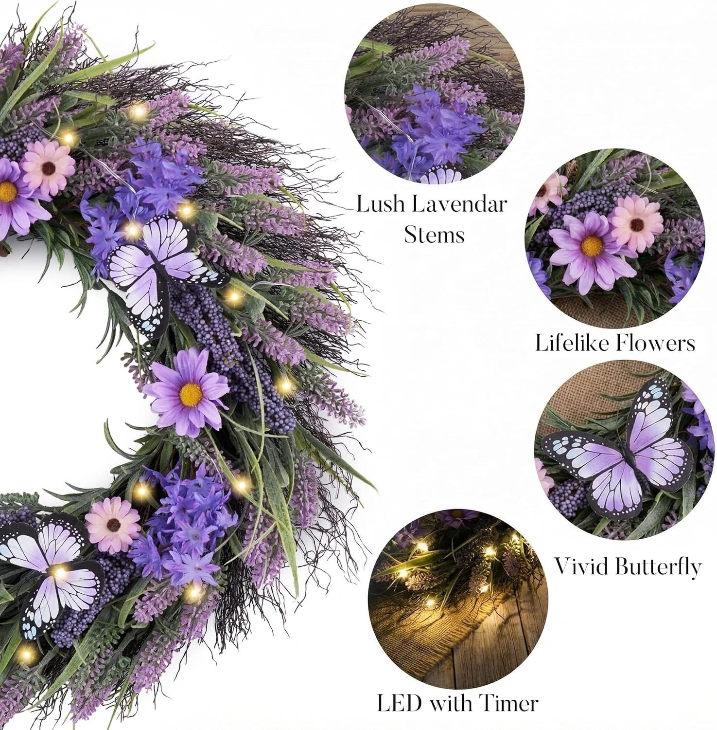Spring Summer 24” Wreath with Warm LED Lights & Realistic Butterfly Accents