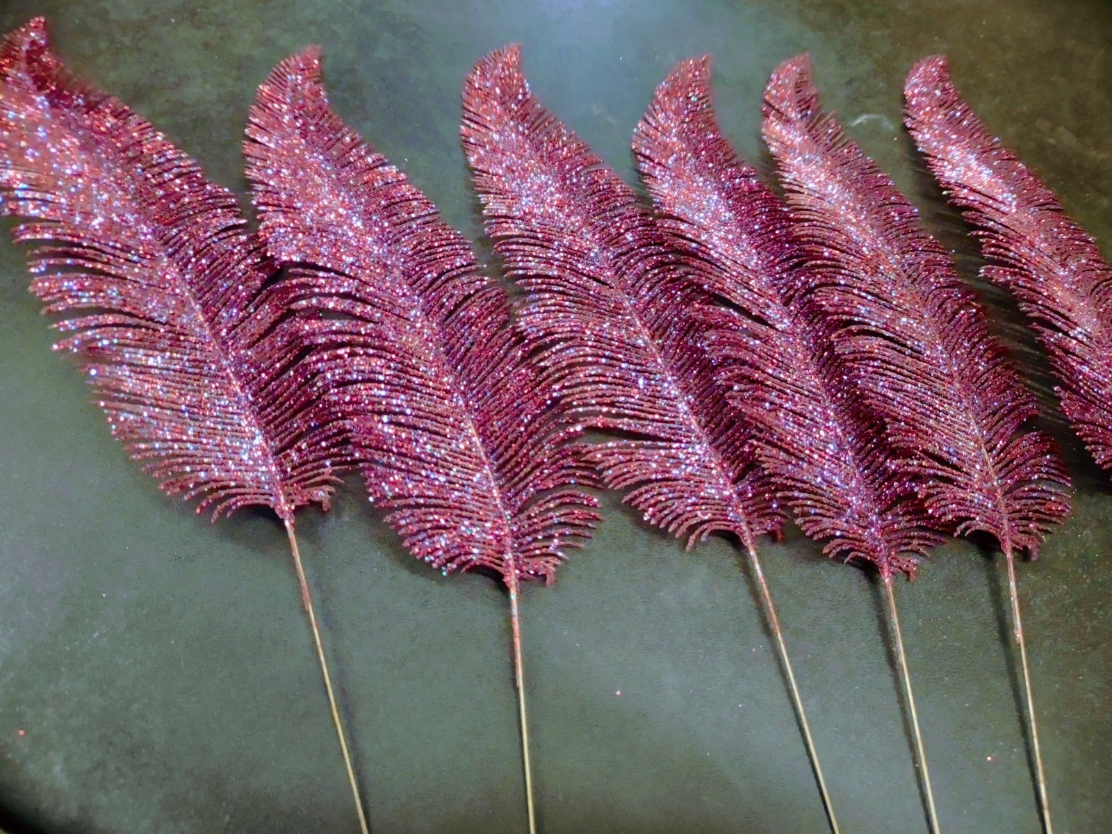 6 Pieces: Retro Plastic Feather Fern, Purple Red & Blue Glittered, Wired 15″