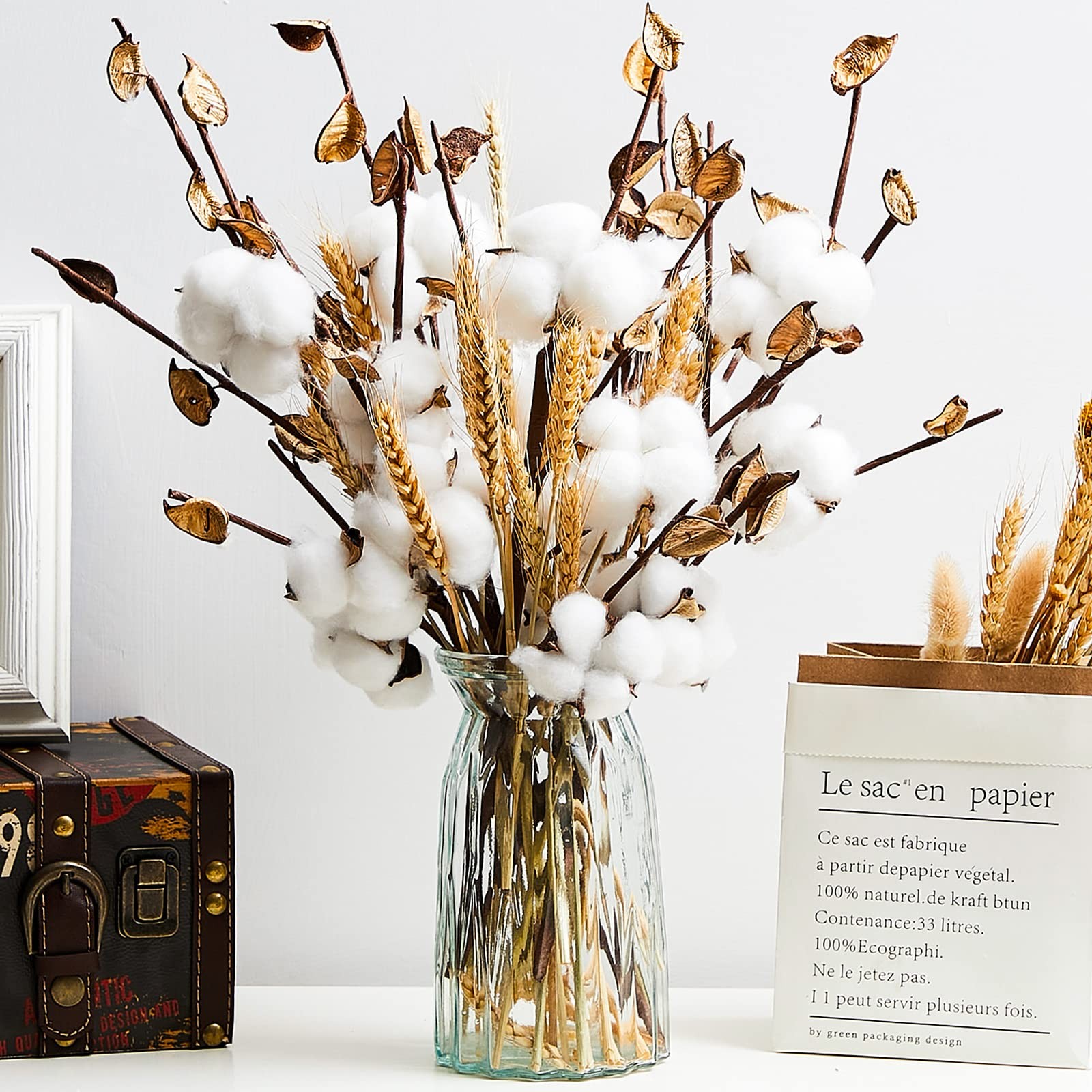 24 Pieces Farmhouse Cotton Flowers 17.7 Inch Fake Artificial Cotton Stems wit…