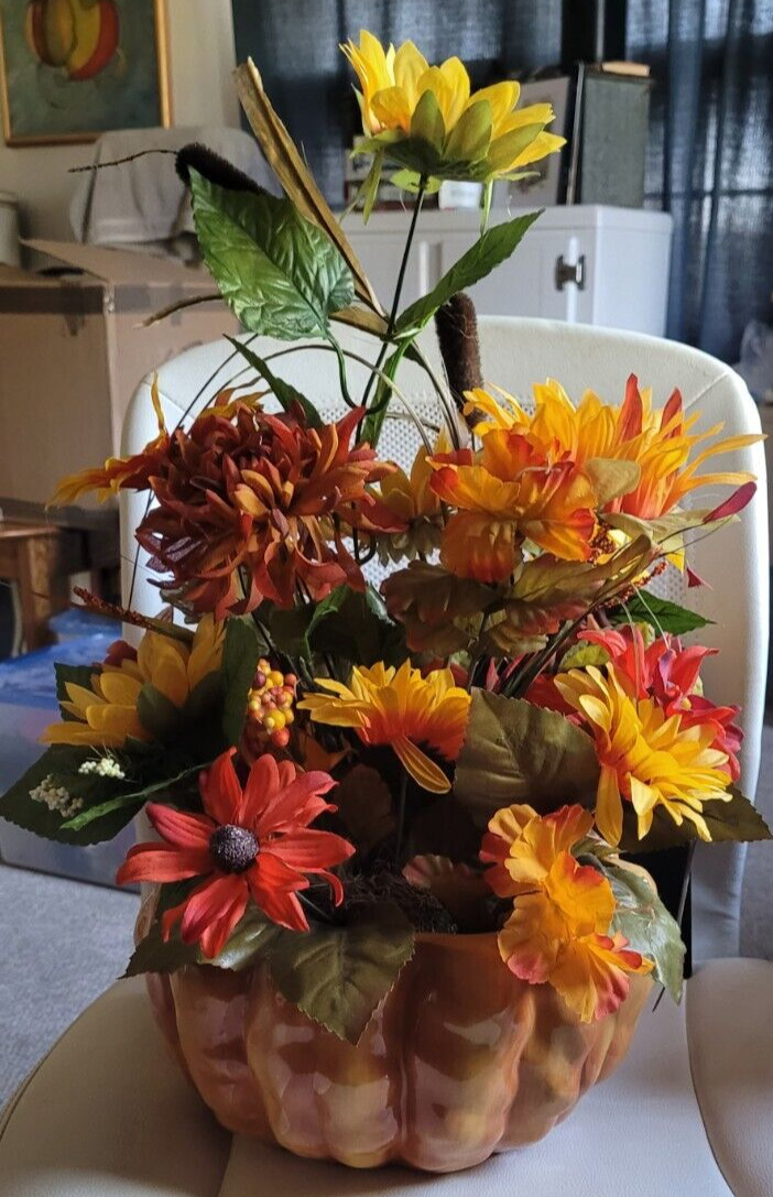 Fall Centerpiece Sunflowers Cattails Ceramic Pumpkin Flowers Tabletop Decoration