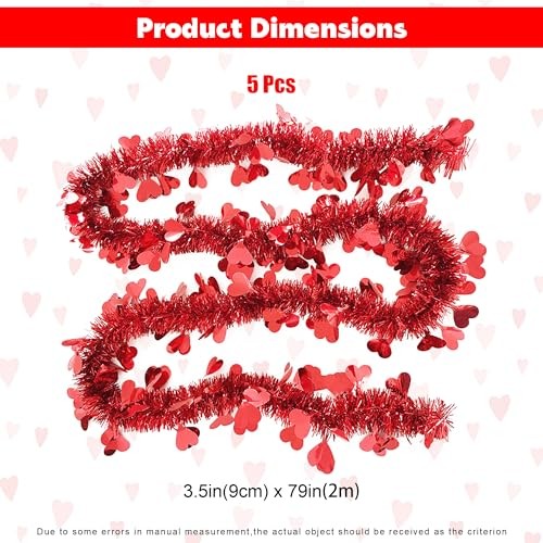 5Pcs 33Ft Valentine’s Day Tinsel Garland, Red Heart Metallic Tinsel Twist