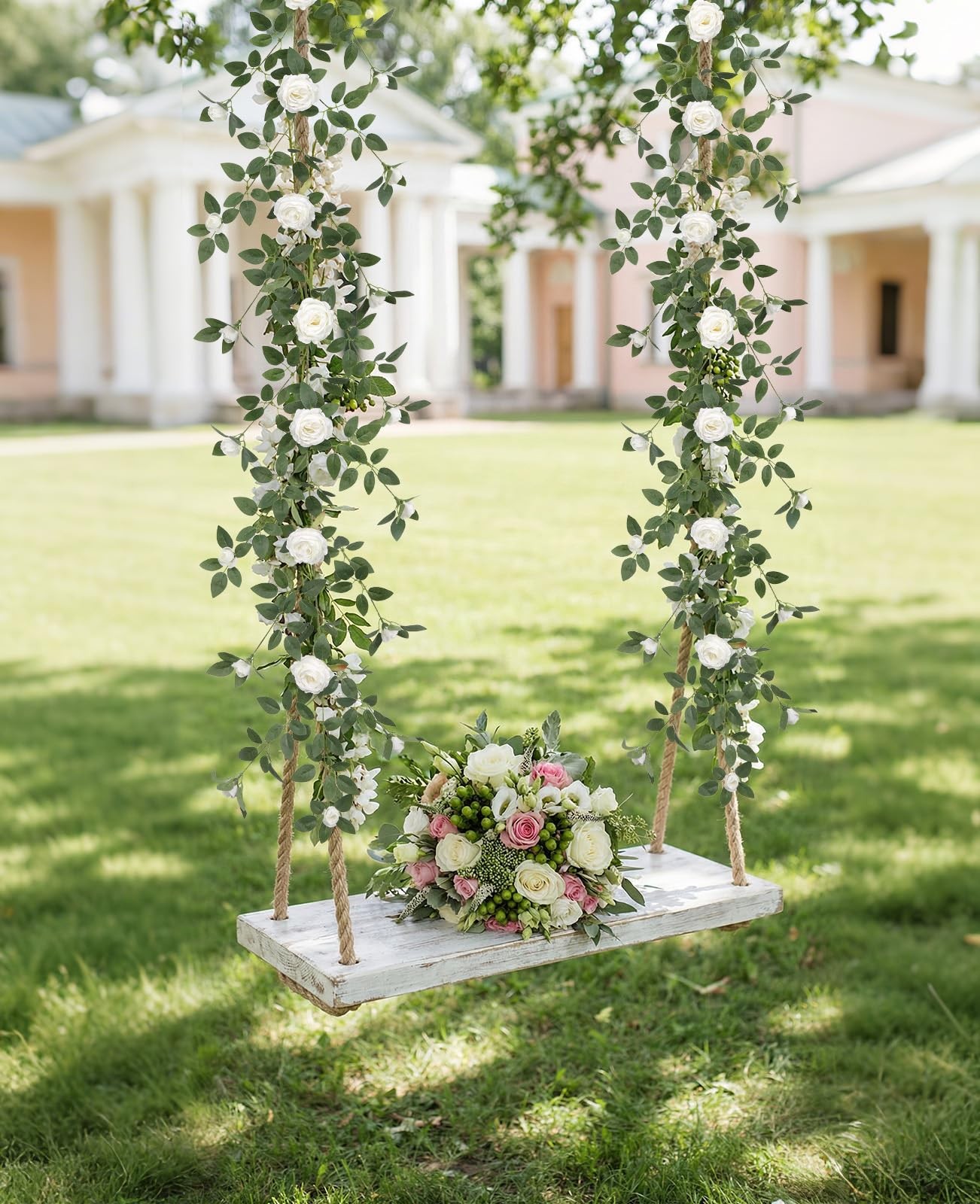 6FT White Rose Artificial Flower Garland with LED String Lights, Bendable Flo…
