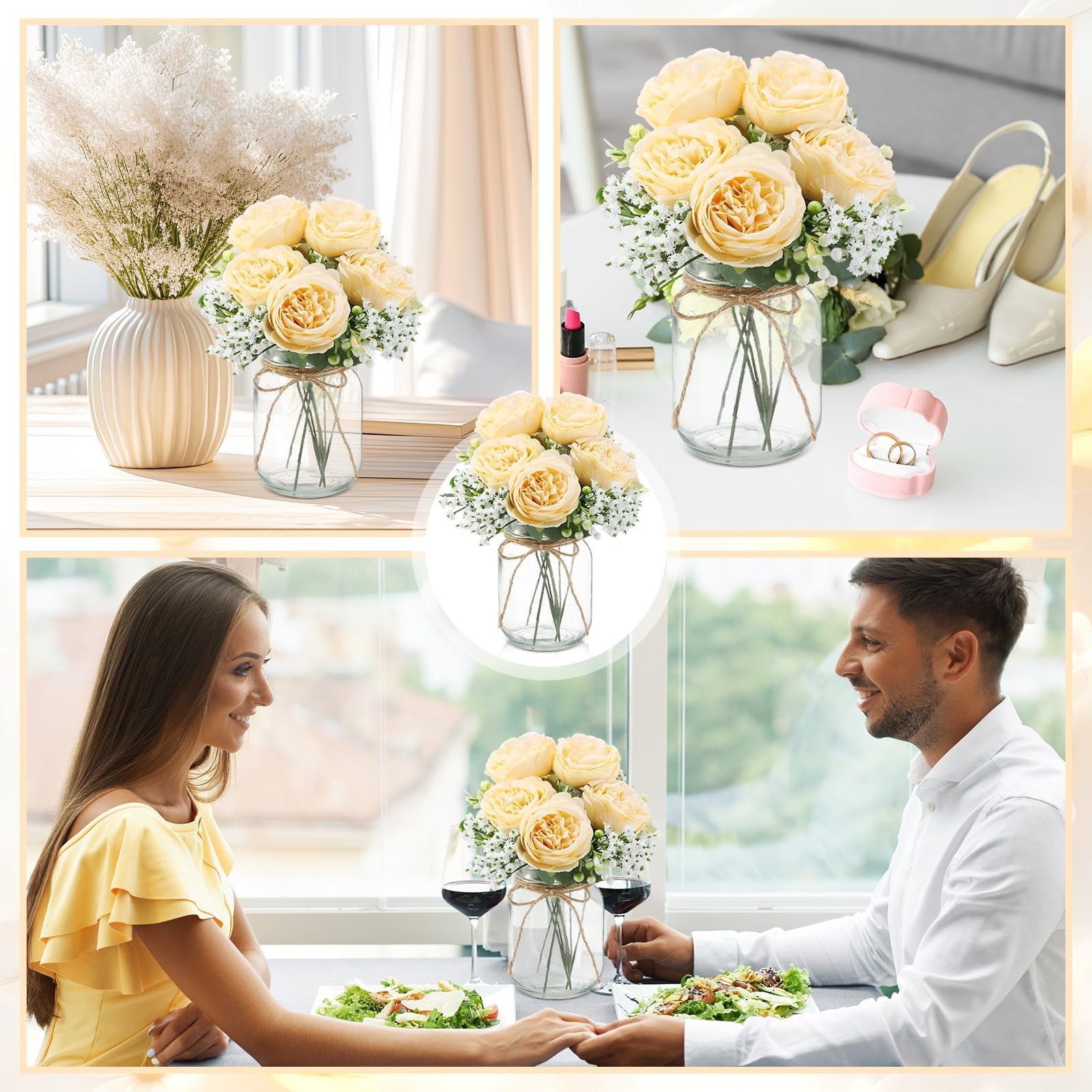 12 Sets Rustic Mason Jar Centerpieces, Faux Peony & Baby’s Breath Bouquets, Wedd