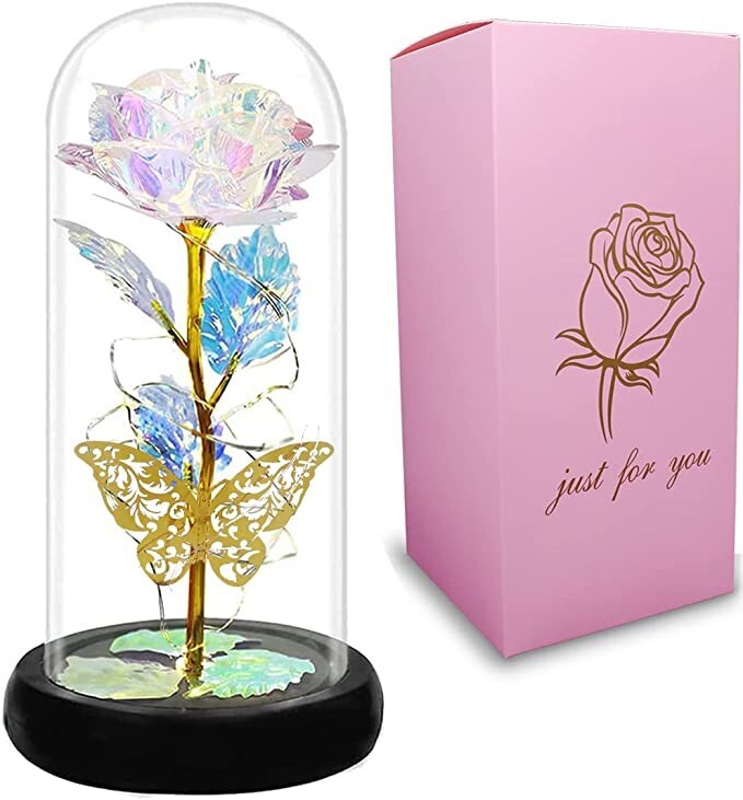 Forever Rose Gift, Enchanted Glass Rose Flower and Butterfly with LED Lights