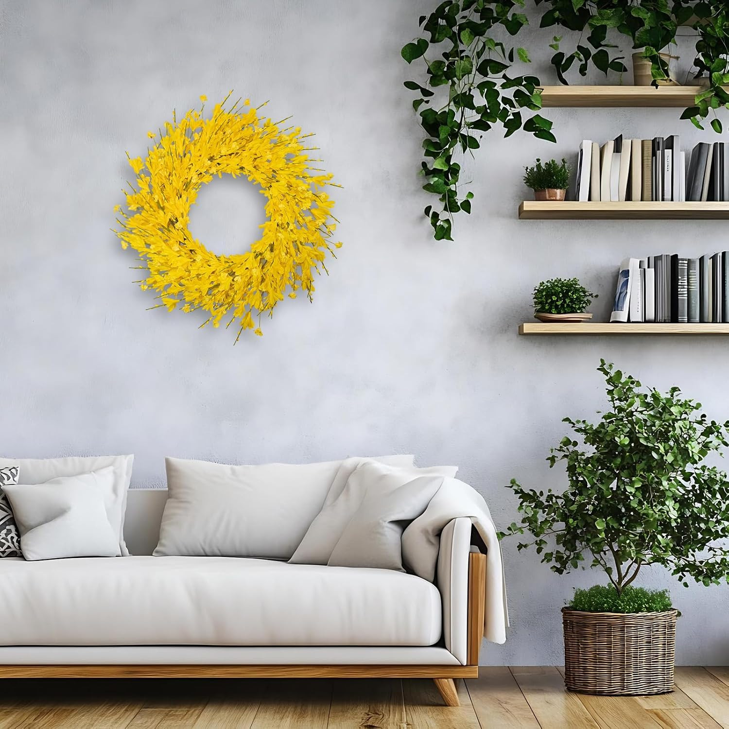 24 Inch Artificial Yellow Forsythia Flower Wreaths, Silk Leaves Paper Floral