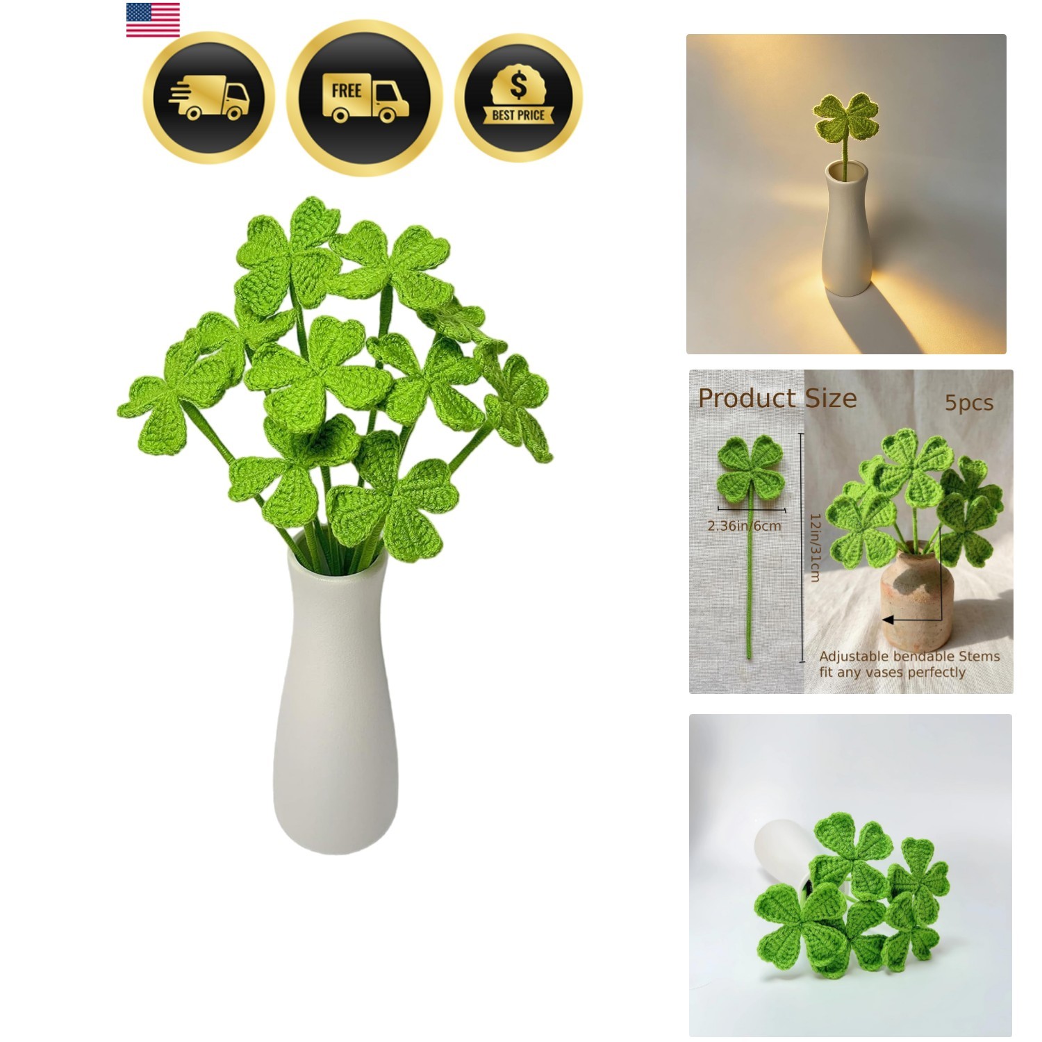 5Pcs Handmade Crochet Four Leaf Clover Bendable Non-Wilt Lucky Decor | Handcr…