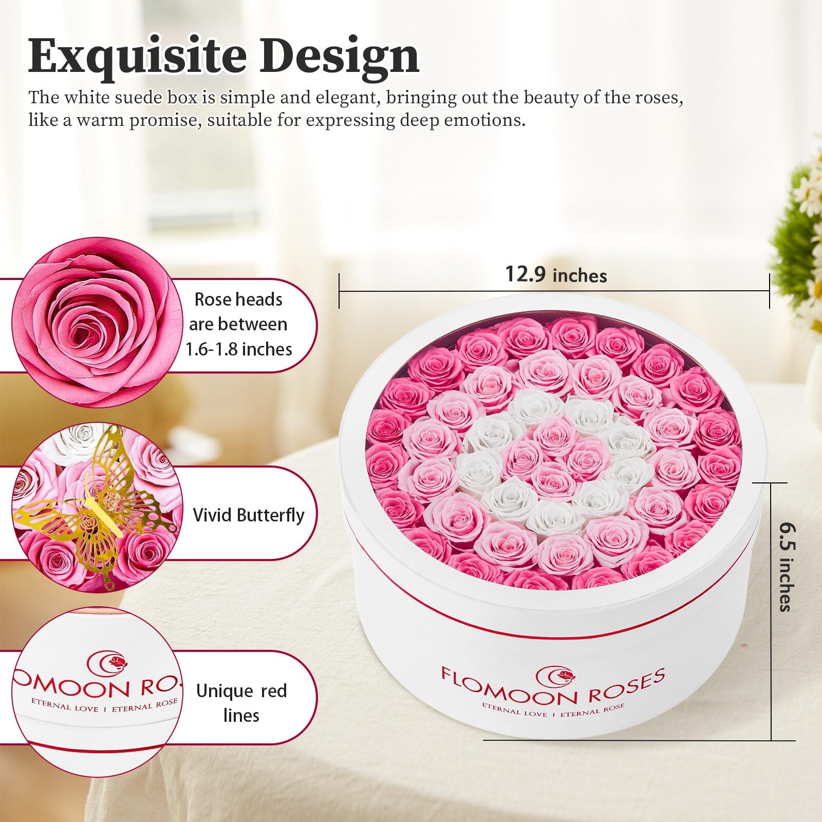 Forever Real Roses Gift Box 47 Preserved Roses in White Round Velvet Box Flow…