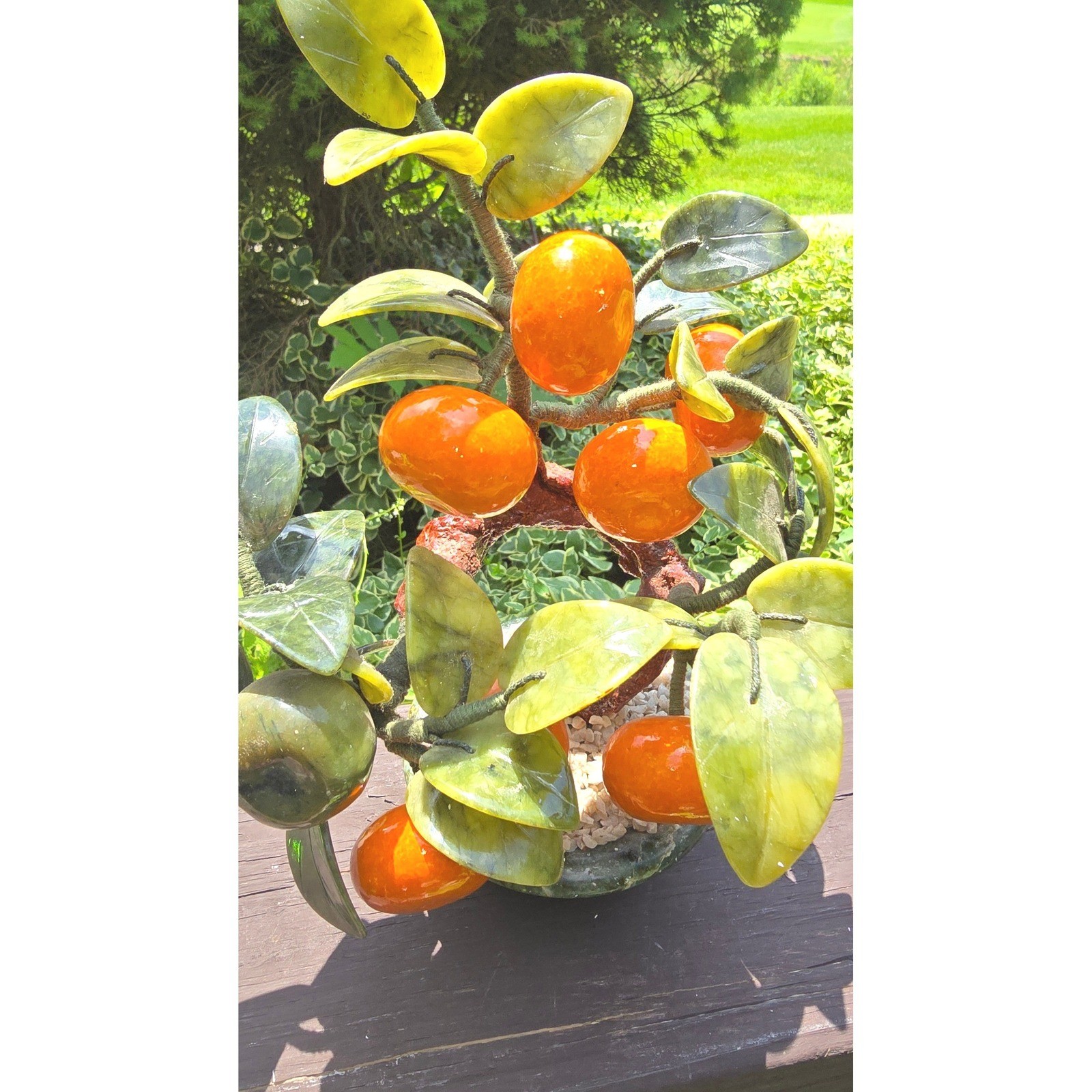 Vintage Chinese Glass Jade Agate Orange Persimmon Bonsai Tree Carved Pot