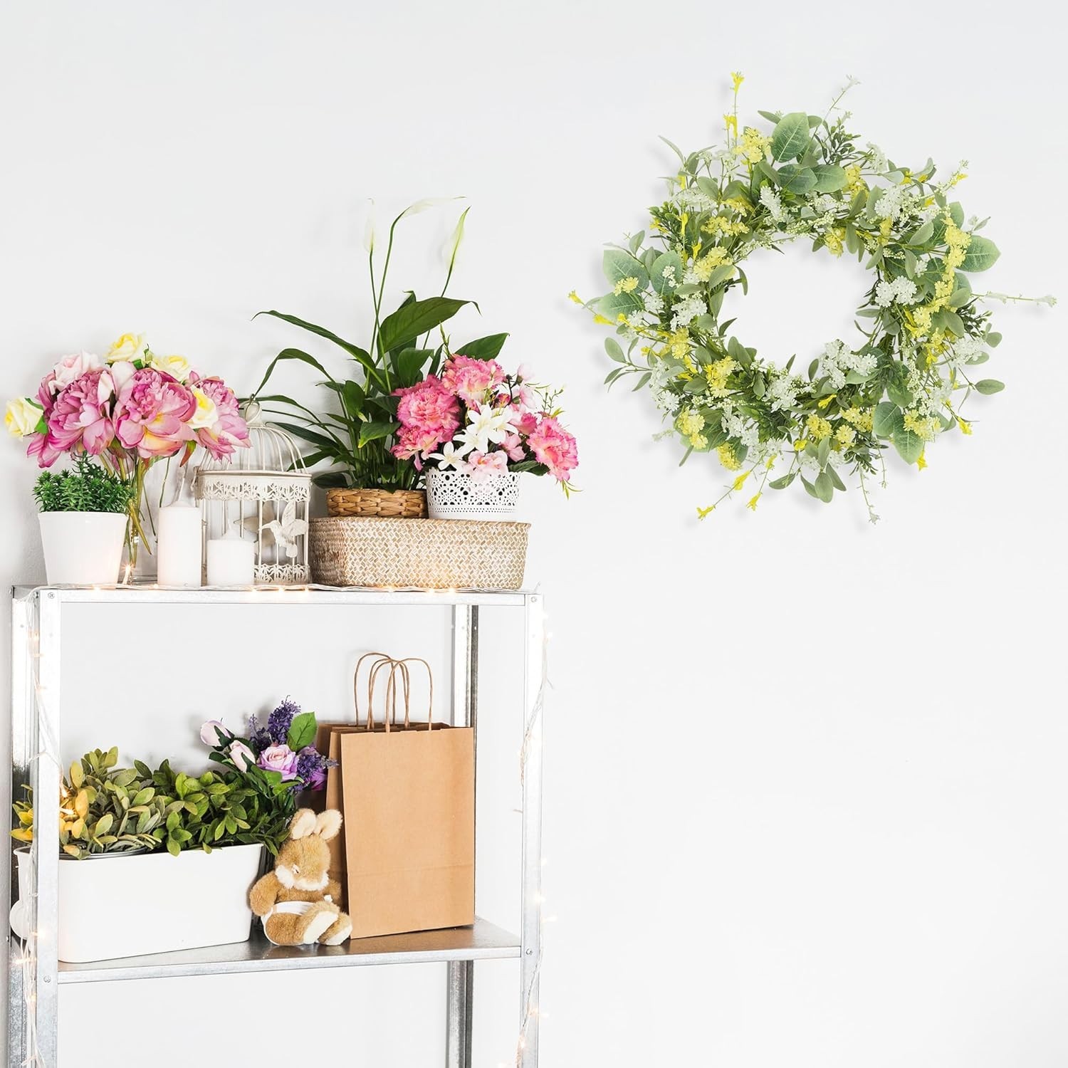 Spring Summer Wreath for Front Door 20 Inch Artificial Floral Daisy Eucalyptu…