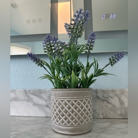 Artificial Lavender Plant White Cement Planter 12″ Indoor Outdoor Faux Floral VG