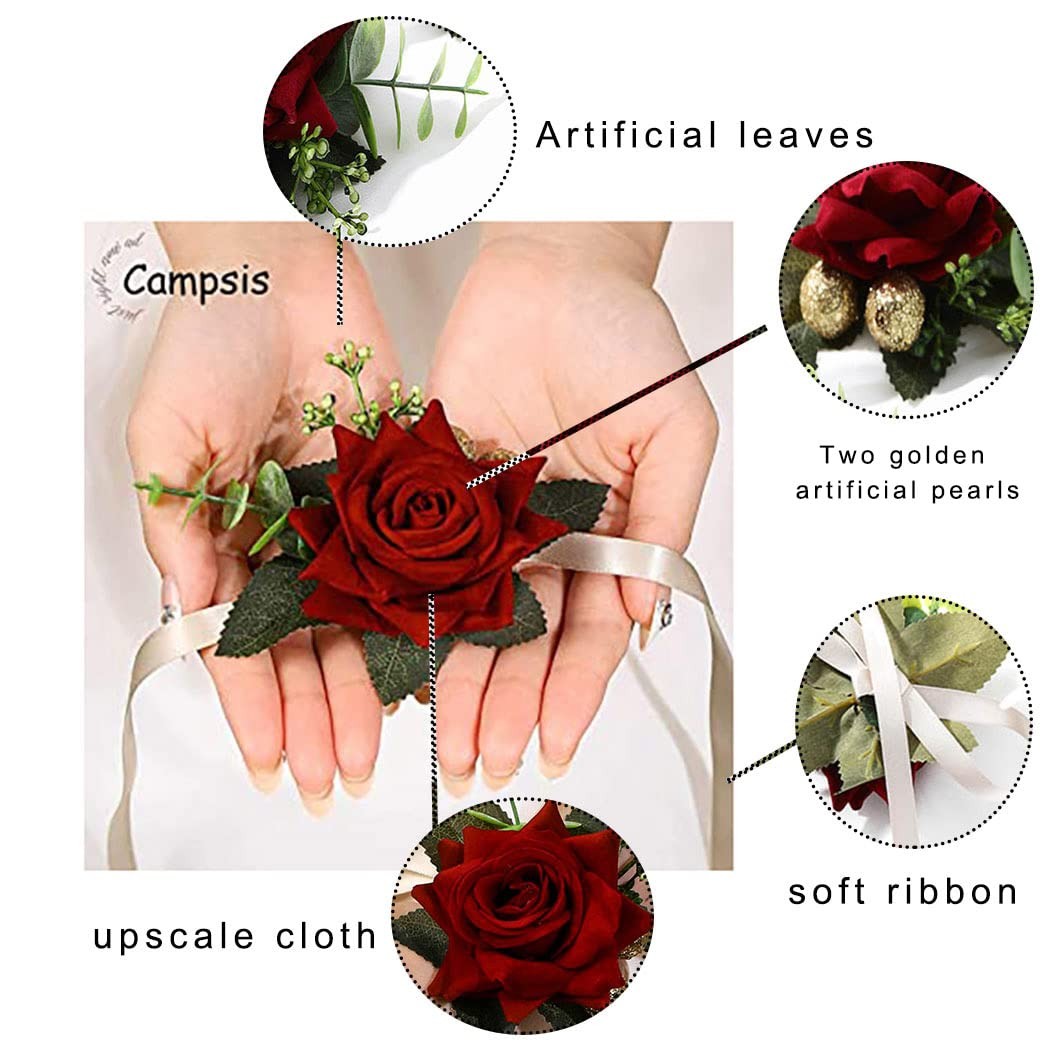 Red Rose Wrist Corsage Gold-Accented Artificial Flowers with Satin Ribbon Wed…
