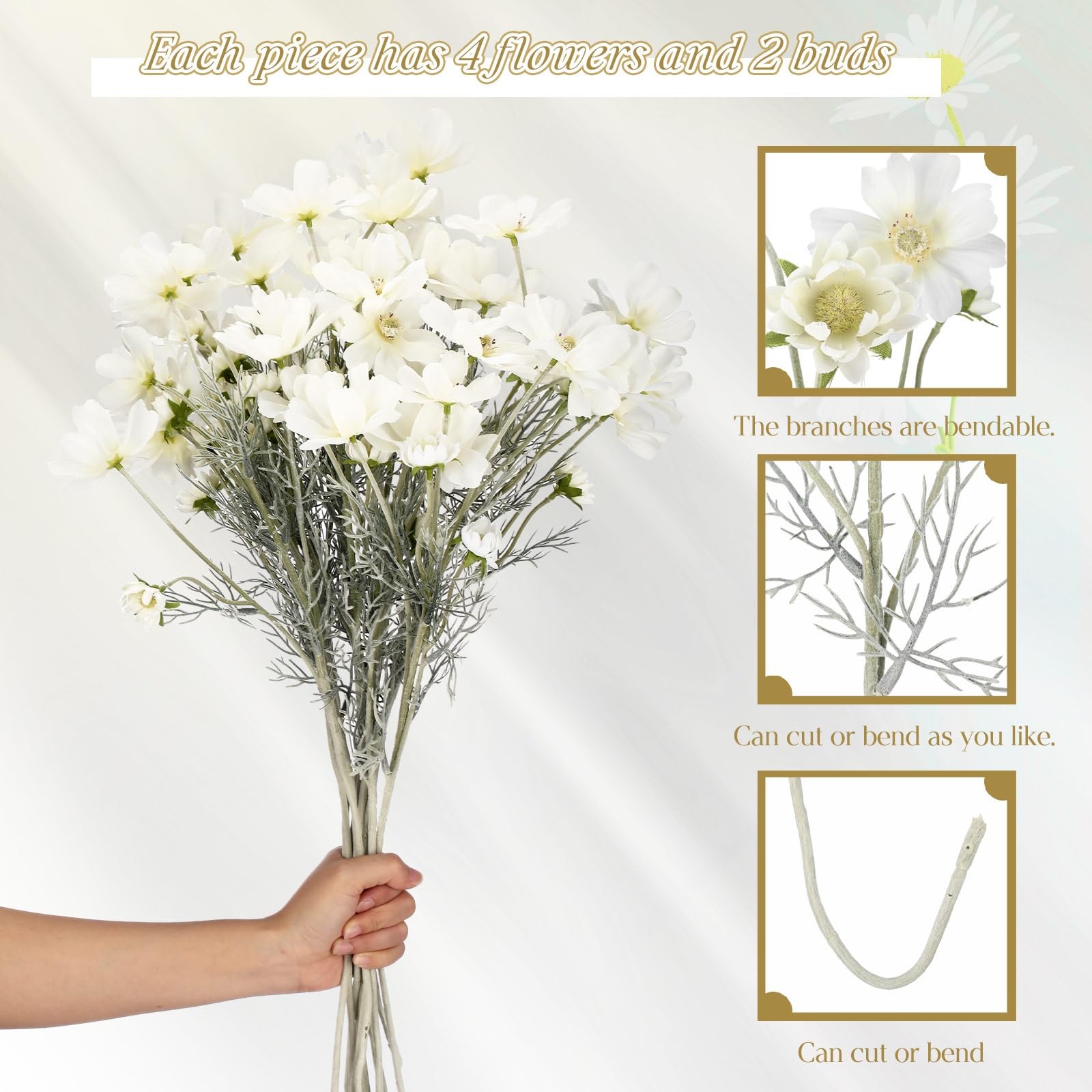 12 Pcs White Cosmos Artificial Flower 23.6” Wedding Realistic Touch Silk Fak…