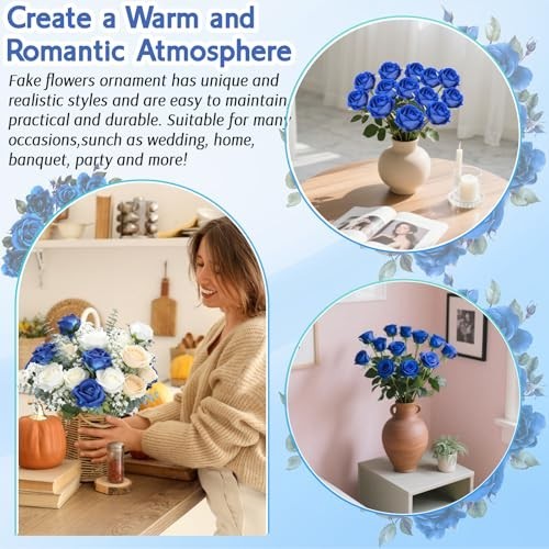 24 Blue Velvet Silk Roses – Realistic Artificial Flowers for Wedding Decor, Part