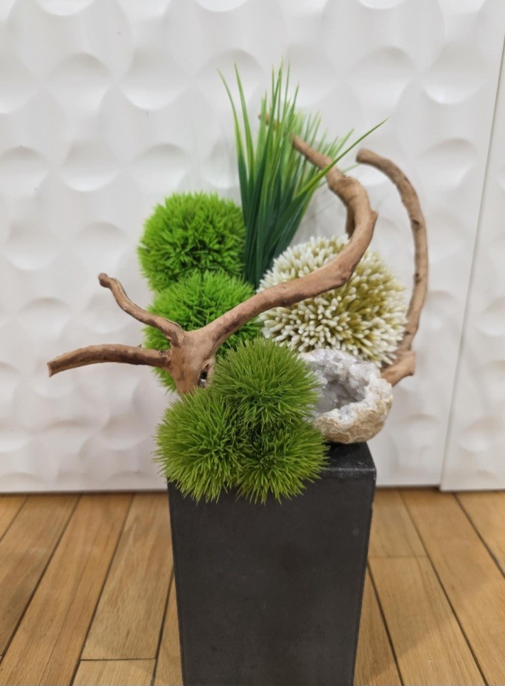 Zen Faux Floral Arrangement, Handmade Ikebana in Concrete Vase