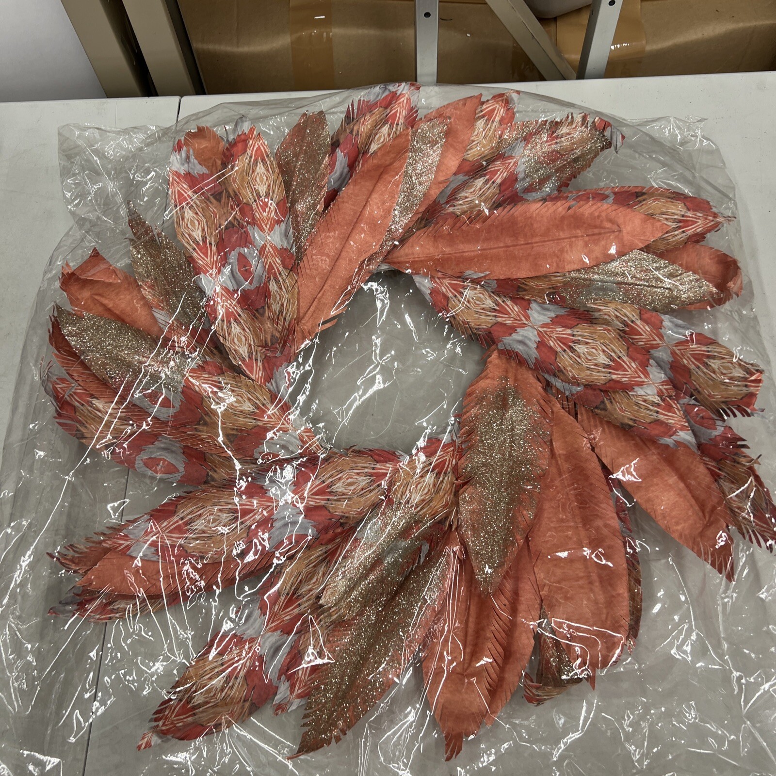 Lot Of 10 Dept 56 Coast Pacific Gold Watercolor Faux Feather Wreath Orange 24”