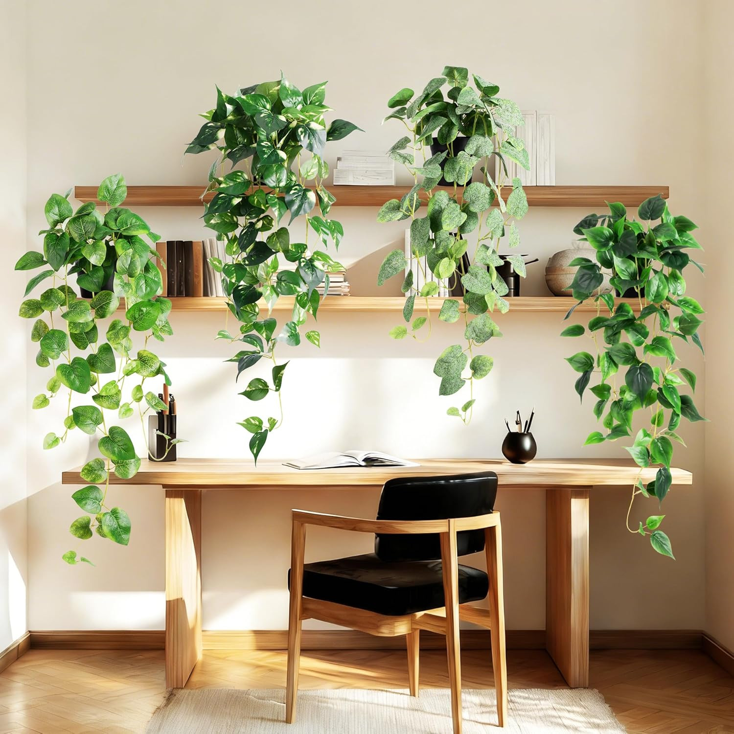 4PC Fake Hanging Pothos Plants with Pots, 33″ Faux Ivy for Home Decor