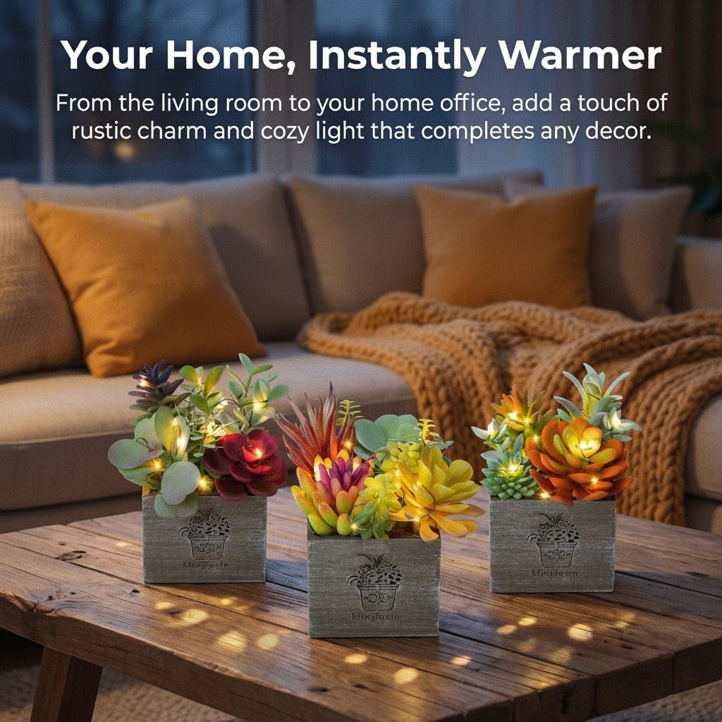 Artificial Succulents Plants With Lights Small Faux Potted Decor Office