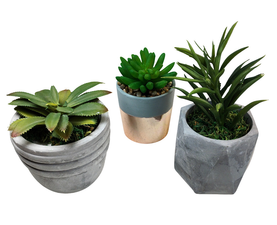 Set of 3 Faux Succulent Artificial Plants Concrete Copper Modern Home Decor Mint