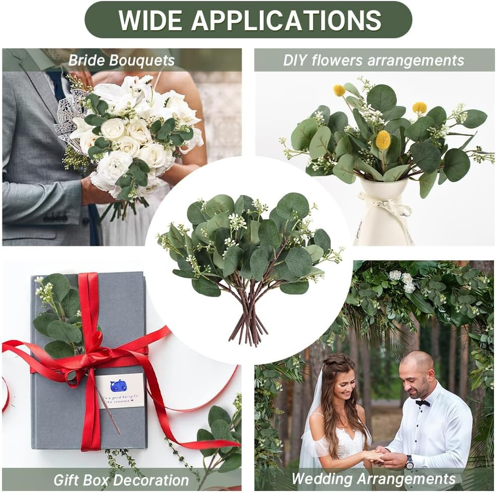 12Pcs Mixed Artificial Eucalyptus Leaves Stems with White Seeds, White Flowers,