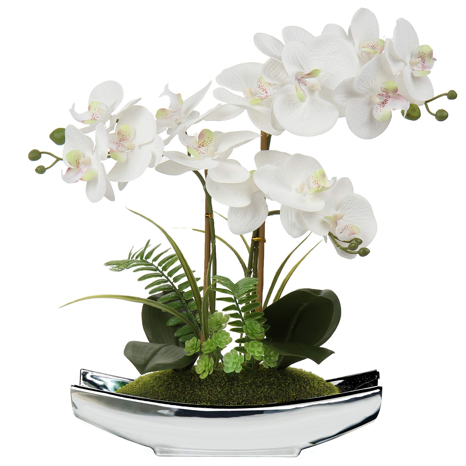 Orchids Artificial Flowers 15 Inch White Phalaenopsis Silver Pot Real Touch