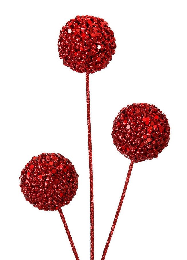 Red Glitter Ball Pick Valentine’s or Christmas Wreath Party Decor Pick Stem
