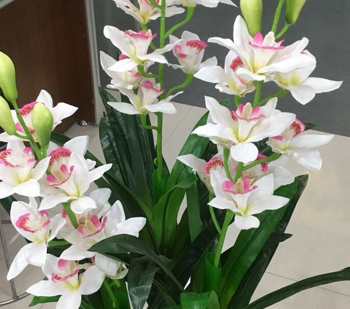 35″ Height (3 stems) Artificial Palm Plant White Flowers Tree ( No pot)