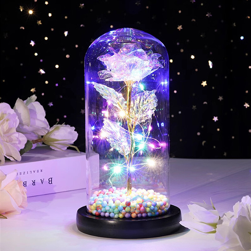 Enchanted Crystal Galaxy Rose Flower In Dome Glass LED Night Light Uniques Gifts