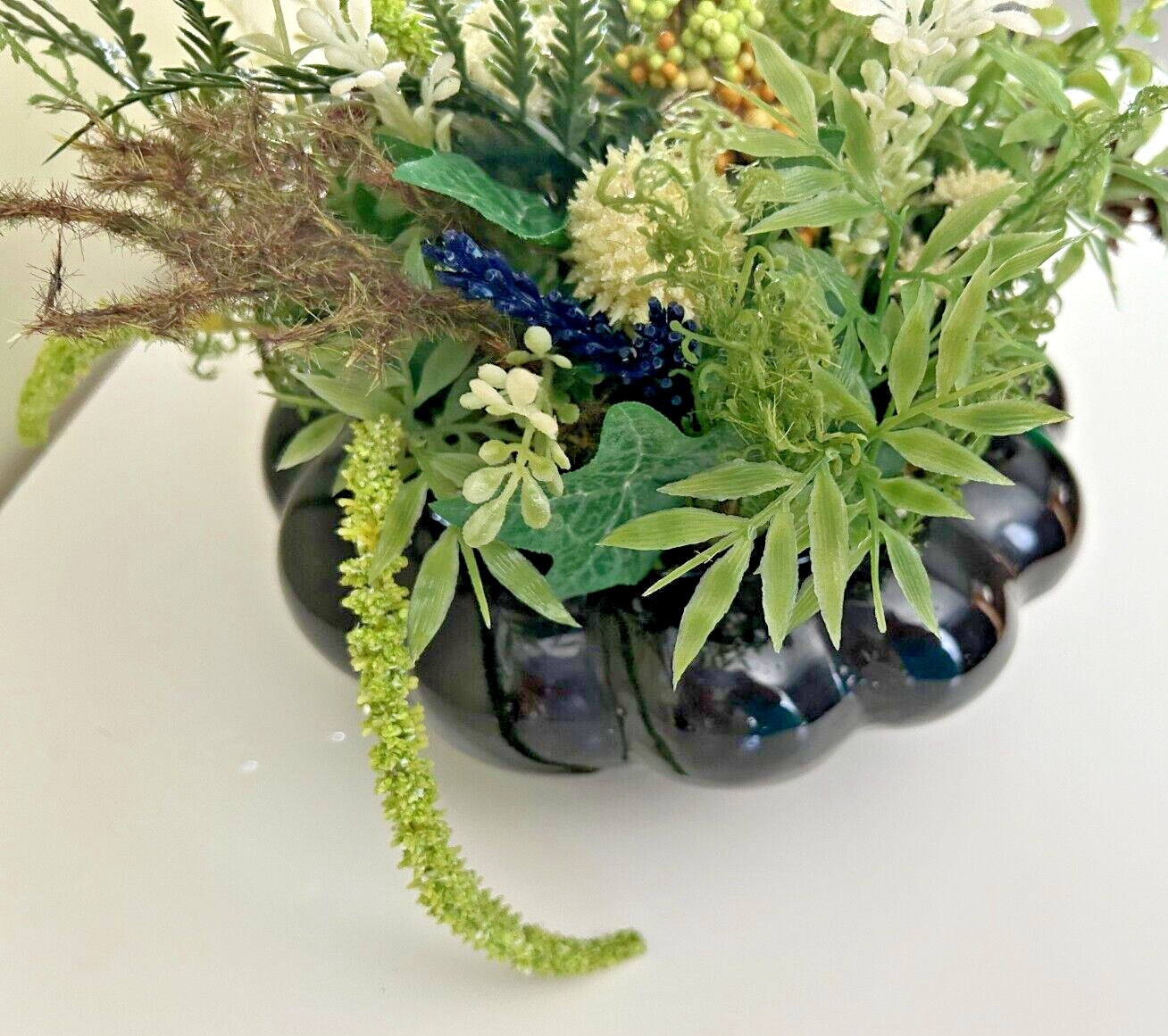 Black Bowl with Artificial Faux Greenery Decor 8x8x8