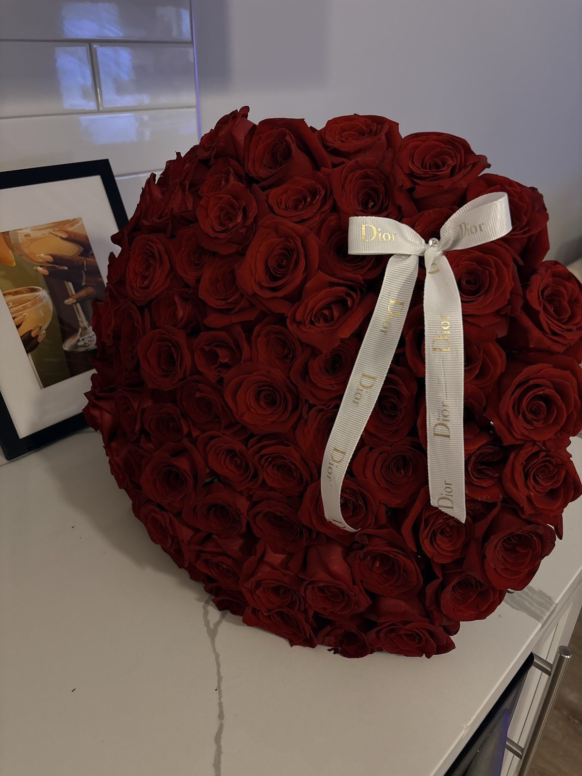 Red Rose Flower Bouquet Arrangement with White Ribbon