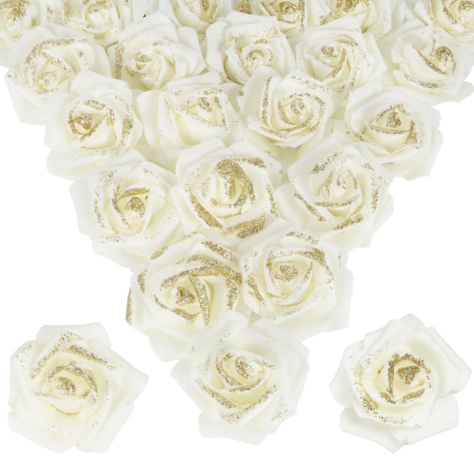 Gold Glitter Ivory Roses 100pcs Stemless Foam Flowers Artificial Real Looking