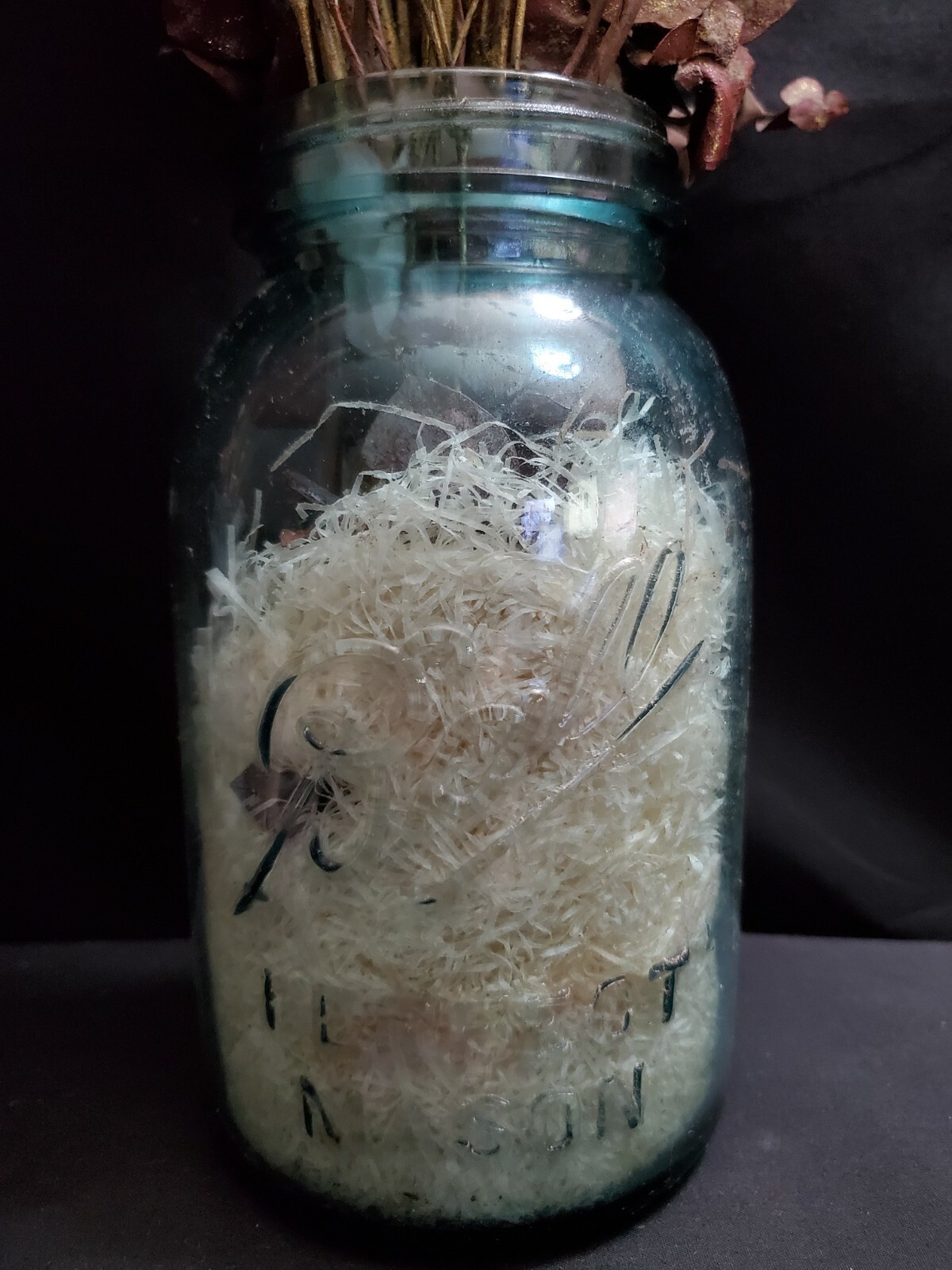 White & Pink Blossoms, Red Eucalyptus & Gold Painted Branches in a Mason Jar