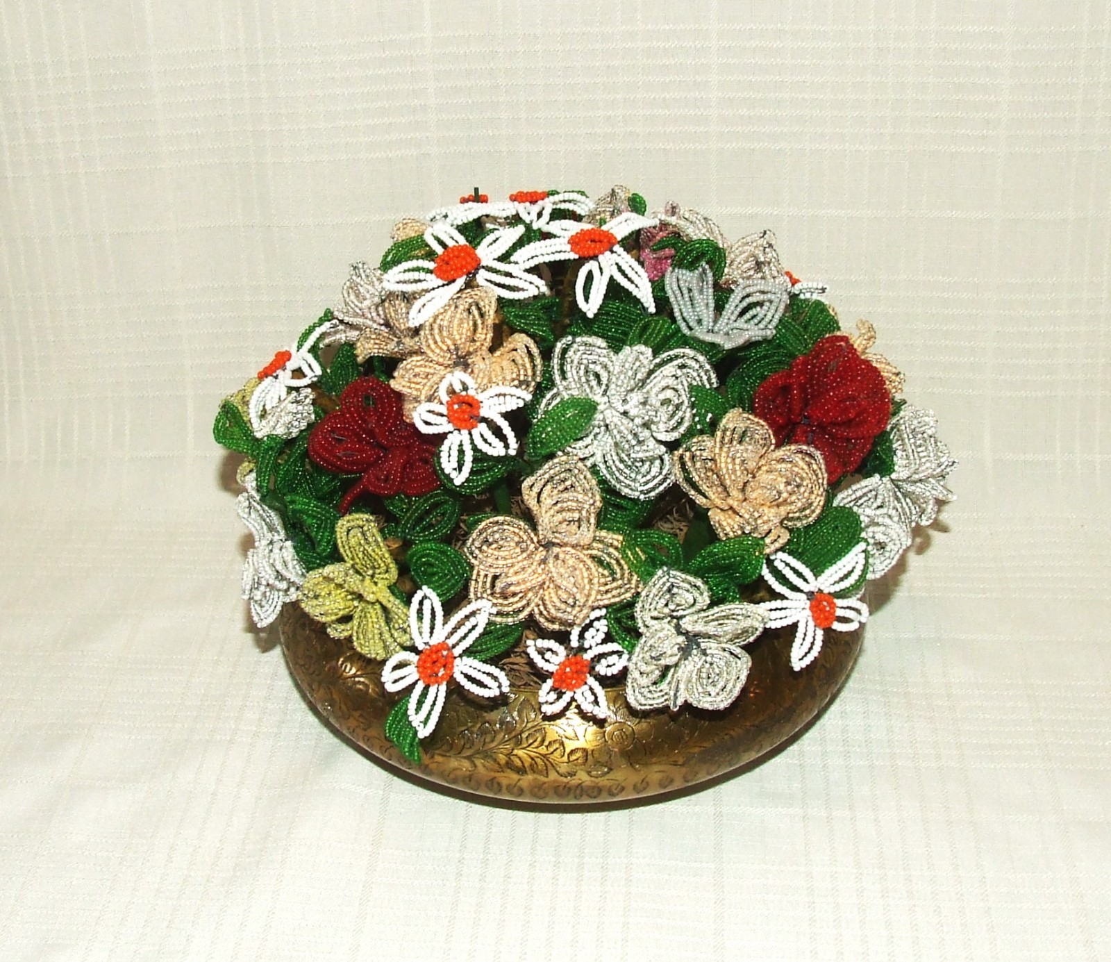 Vintage French Beaded Flower Arrangement / Ornate Brass Planter ~ Heavy