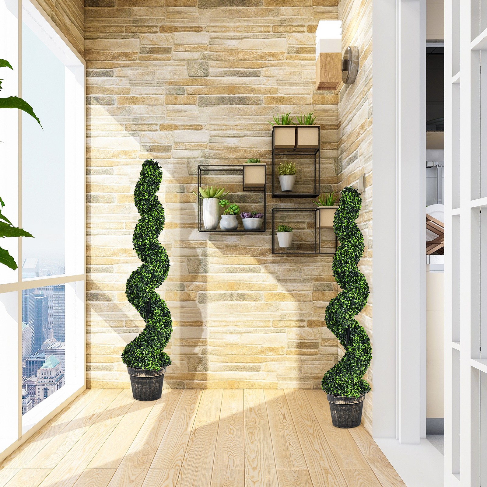 Costway 4Ft 2 Pack Artificial Spiral Boxwood Topiary Tree Indoor Outdoor Decor
